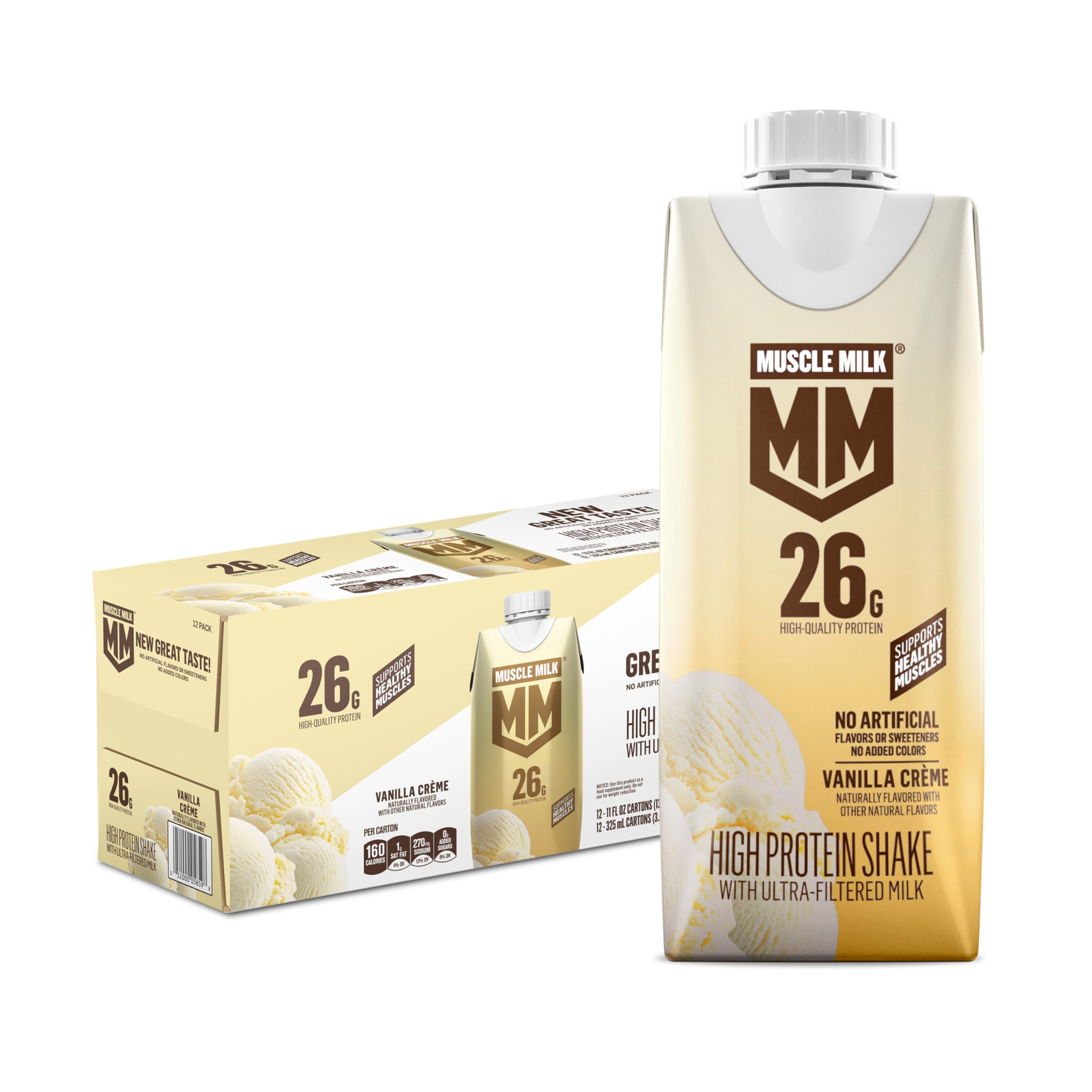 Muscle Milk High Protein Shake, Chocolate, 11 fl oz Cartons (12 Pack) Ultra Filtered Milk, 26g High Quality Protein Shake, 3g Sugar, 160 Calories, No Artificial Flavors, No Artificial Sweeteners, No Added Colors