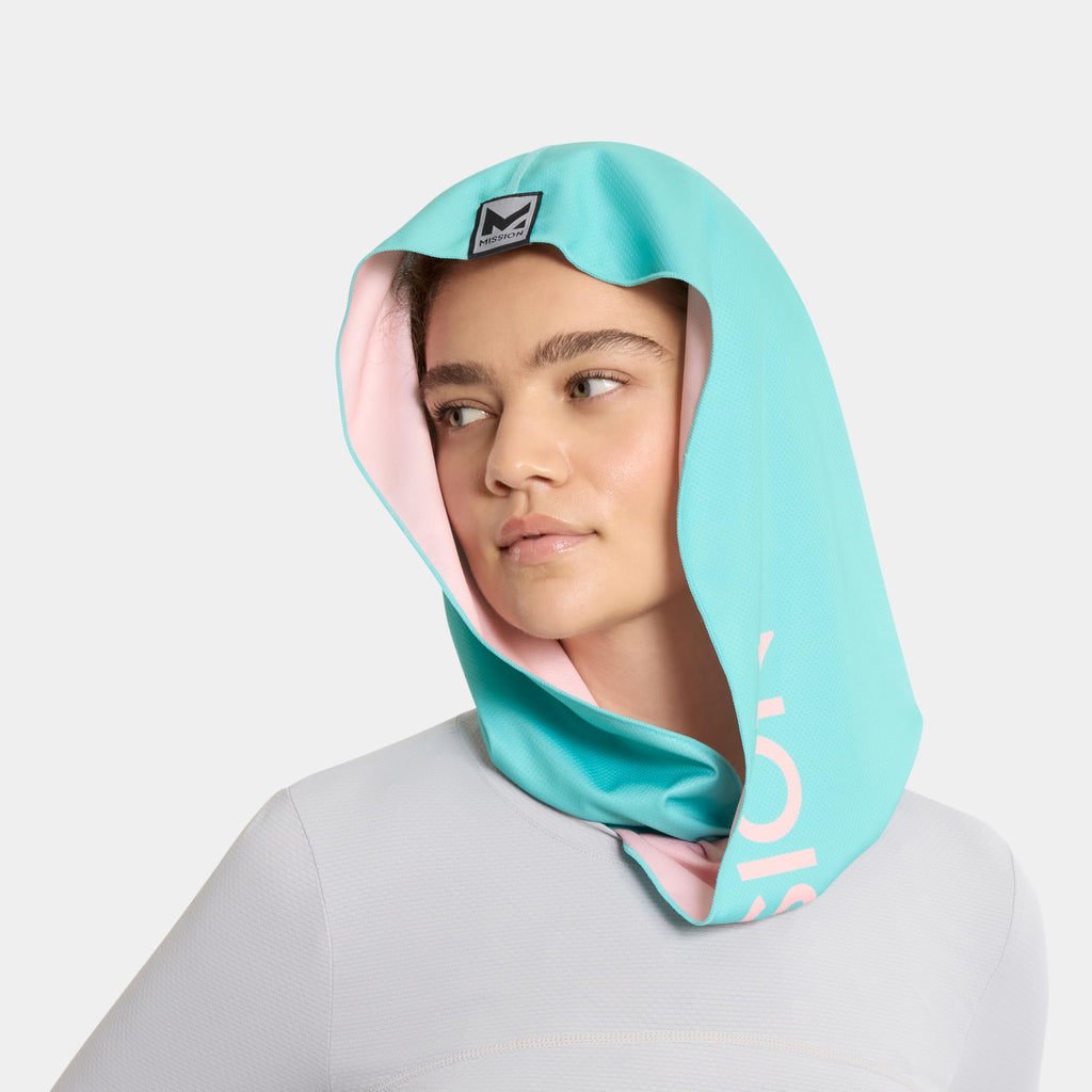 MISSION Reversible Cooling Hoodie Towel- Hood Towel, Cools Instantly When Wet, UPF 50 Sun Protection, Contours Your Head to Stay in Place, Great for Sports, Fitness, Gym (Pink Mint)