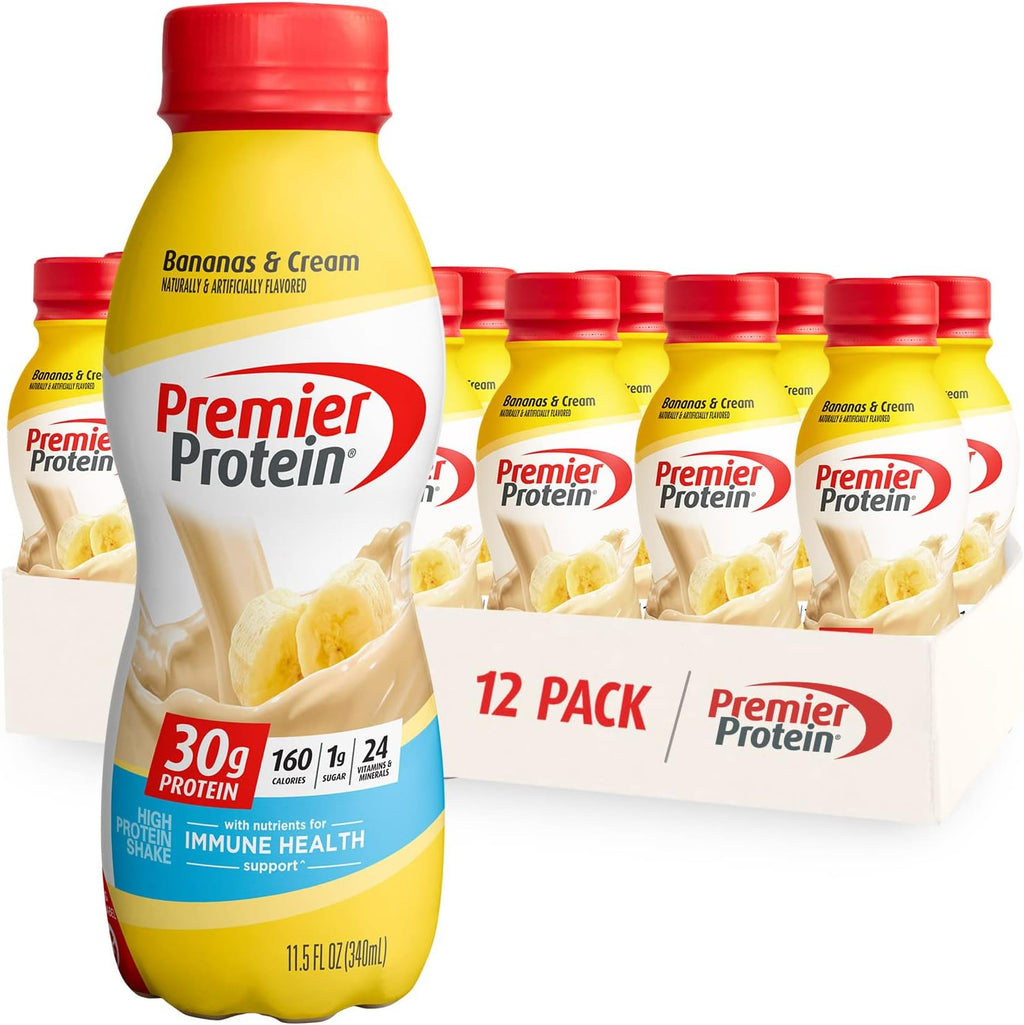 Premier Protein Shake Cookies & Cream and Bananas & Cream, 30g Protein, 1g Sugar, 24 Vitamins & Minerals, 12 Pack Bundle