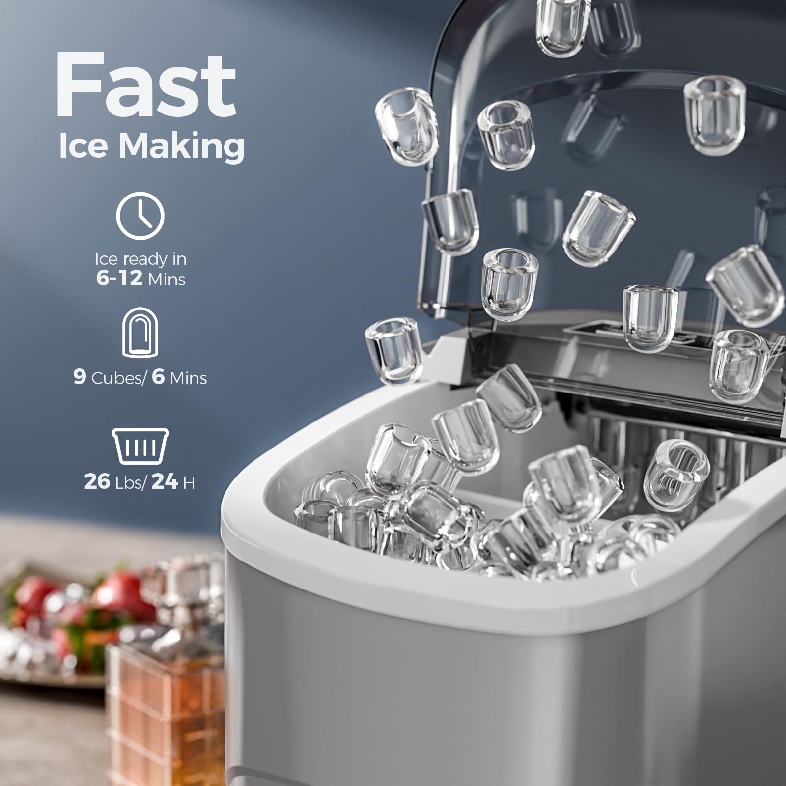 Electactic Ice Makers Countertop,26Lbs/24H,9 Cubes in 6 Mins,Portable Ice Maker Machine with Self-Cleaning,2 Sizes of Bullet Ice,Perfect for Home Kitchen(Black)