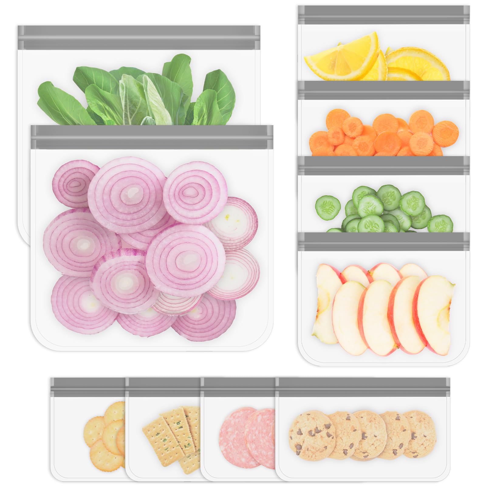Reusable Gallon Freezer Bags, 10 Pack Dishwasher Safe Silicone Food Snack Storage Bags with 3 Sizes for Snack, Sandwich, Lunch
