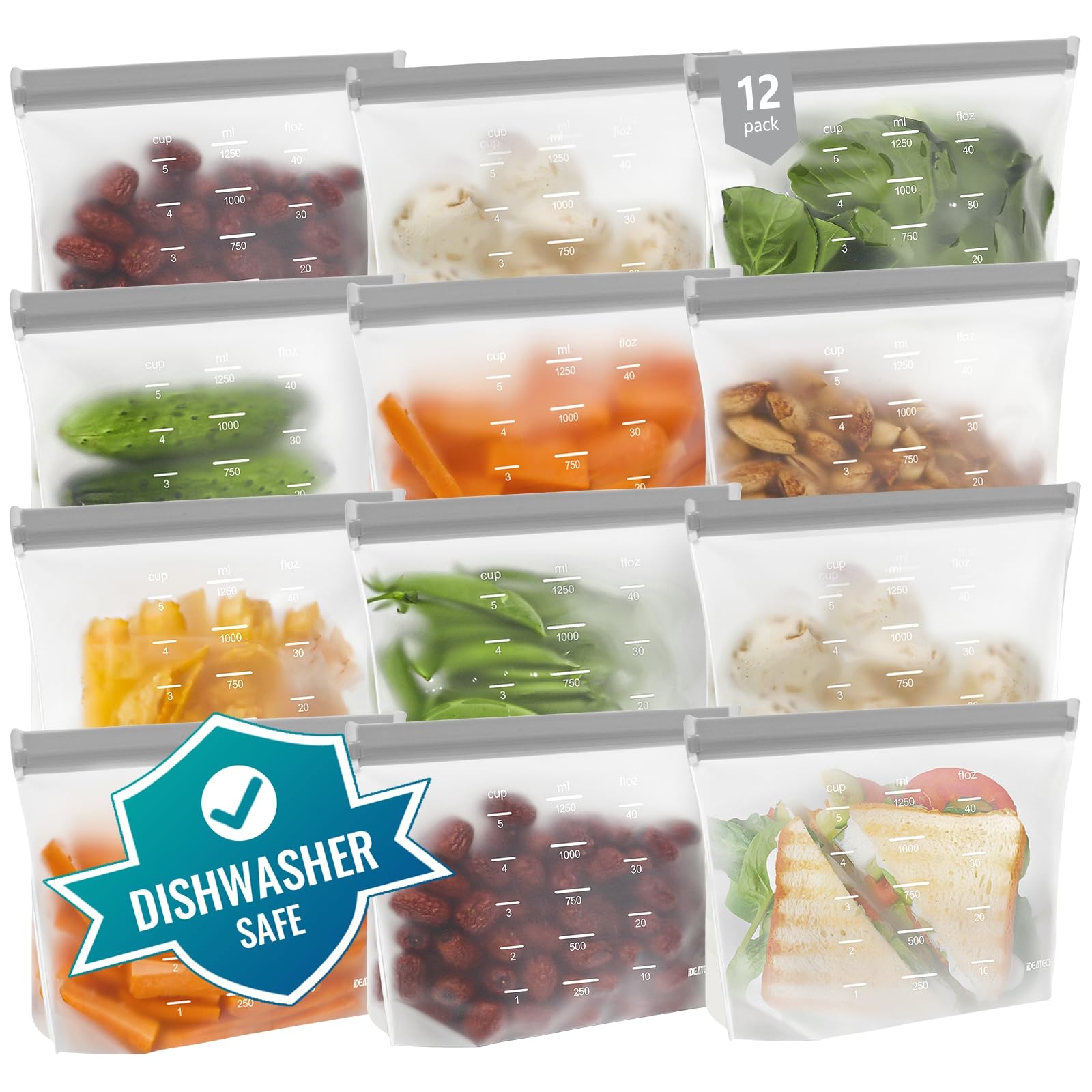 IDEATECH Reusable Bags Dishwasher Safe, BPA Free Reusable Gallon Freezer Bags, Stand Up Leakproof Food Storage Bags for Marinate Meats, Salad Fruit, Home Organization 6 Large+ 6 Sandwich+ 8 Snack Bags