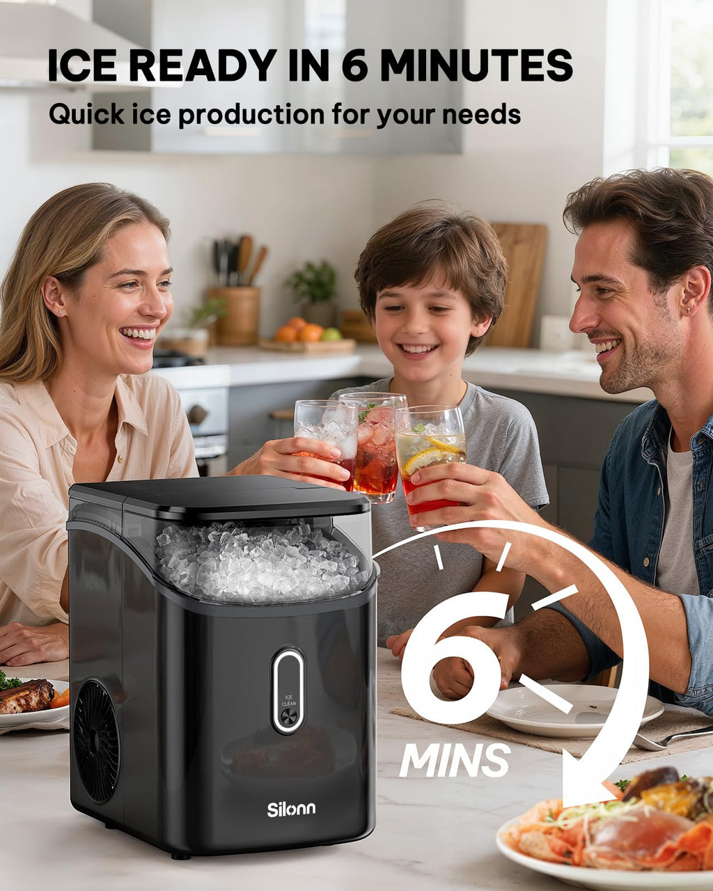 Silonn Nugget Ice Maker Countertop Pellet Machine with Self-Cleaning, Black | 36 lbs/24H, ice in 6 mins, soft chewable ice, removable cover, quiet operation, LED control panel, compact design