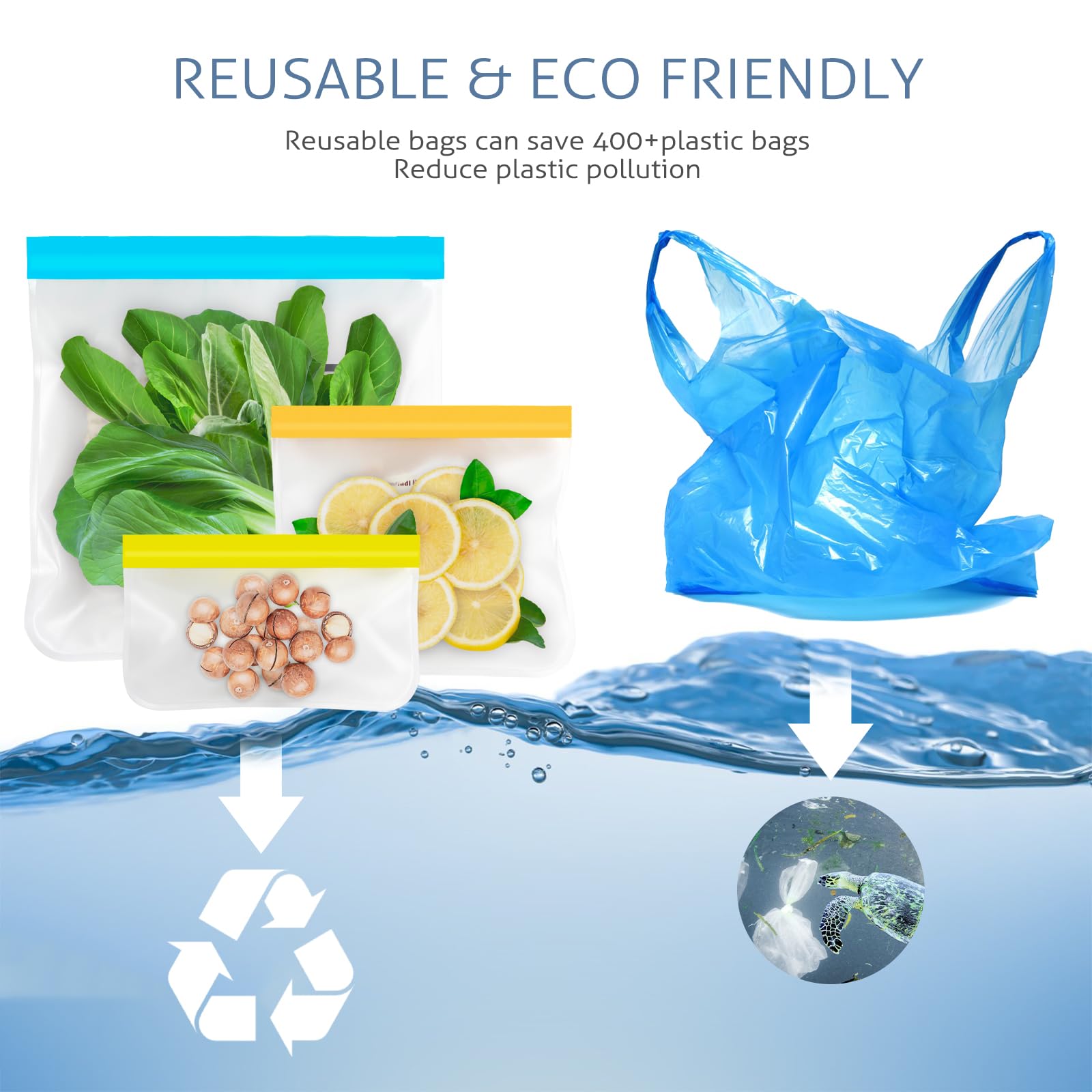 Reusable Gallon Freezer Bags, 10 Pack Dishwasher Safe Silicone Food Snack Storage Bags with 3 Sizes for Snack, Sandwich, Lunch