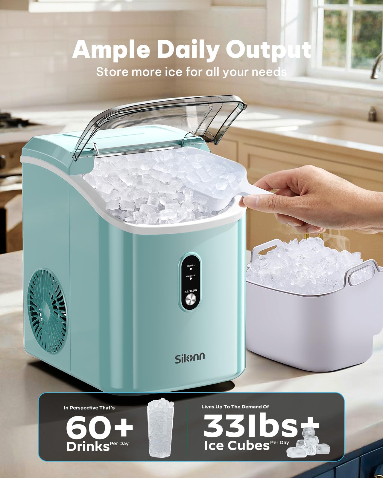 Silonn Nugget Ice Maker Countertop Pellet Machine with Self-Cleaning, Black | 36 lbs/24H, ice in 6 mins, soft chewable ice, removable cover, quiet operation, LED control panel, compact design