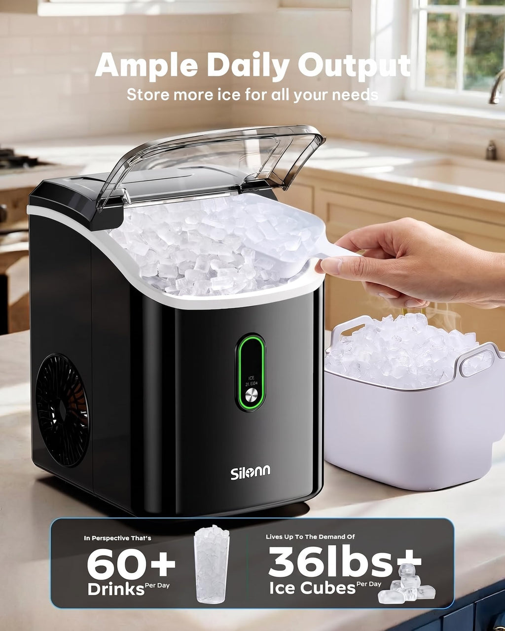 Silonn Nugget Ice Maker Countertop Pellet Machine with Self-Cleaning, Black | 36 lbs/24H, ice in 6 mins, soft chewable ice, removable cover, quiet operation, LED control panel, compact design