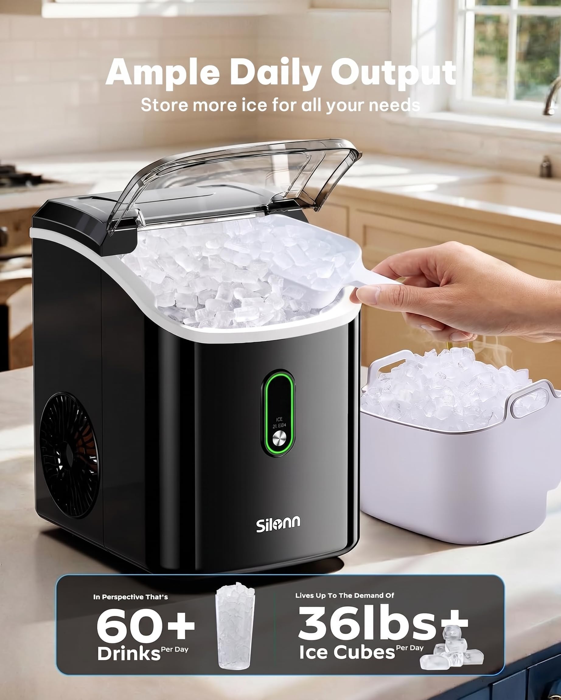 Silonn Nugget Ice Maker Countertop Pellet Machine with Self-Cleaning, Black | 36 lbs/24H, ice in 6 mins, soft chewable ice, removable cover, quiet operation, LED control panel, compact design