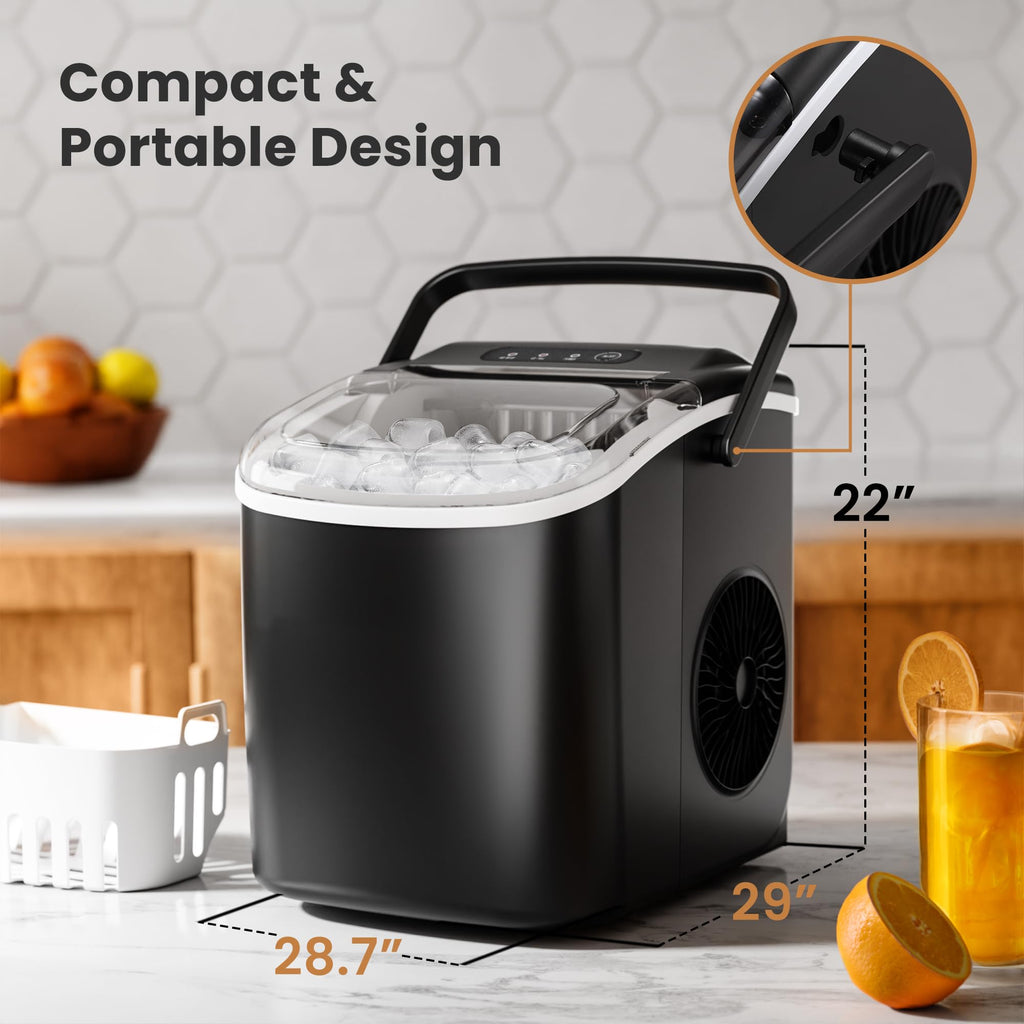 Countertop Portable Ice Maker Machine with Handle, 8 Bullet-Shaped Ice Cubes Ready in 6 Mins, 26Lbs/24H, Self-Cleaning Function with Ice Scoop and Basket for Home/Kitchen/Party (Black)