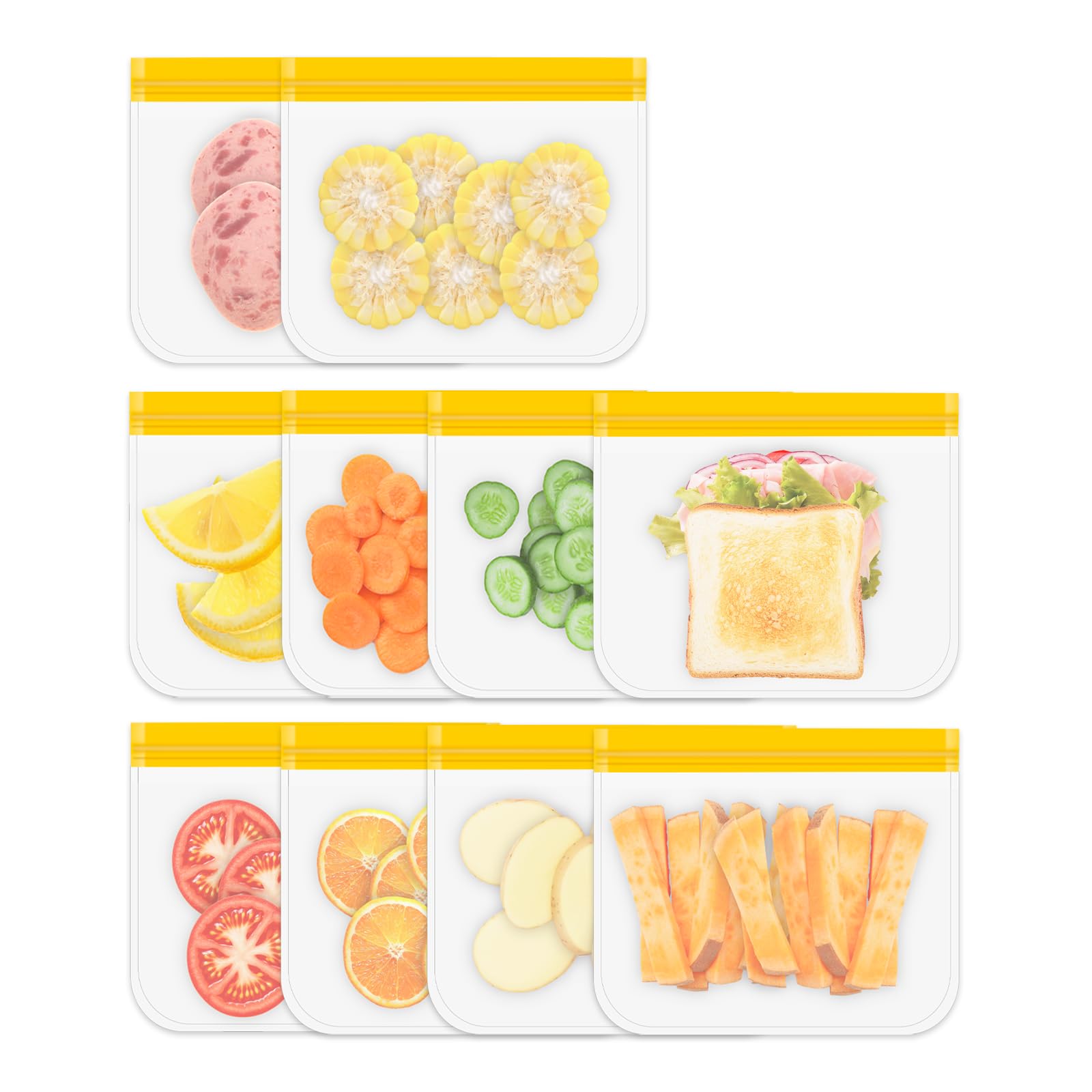 Reusable Gallon Freezer Bags, 10 Pack Dishwasher Safe Silicone Food Snack Storage Bags with 3 Sizes for Snack, Sandwich, Lunch
