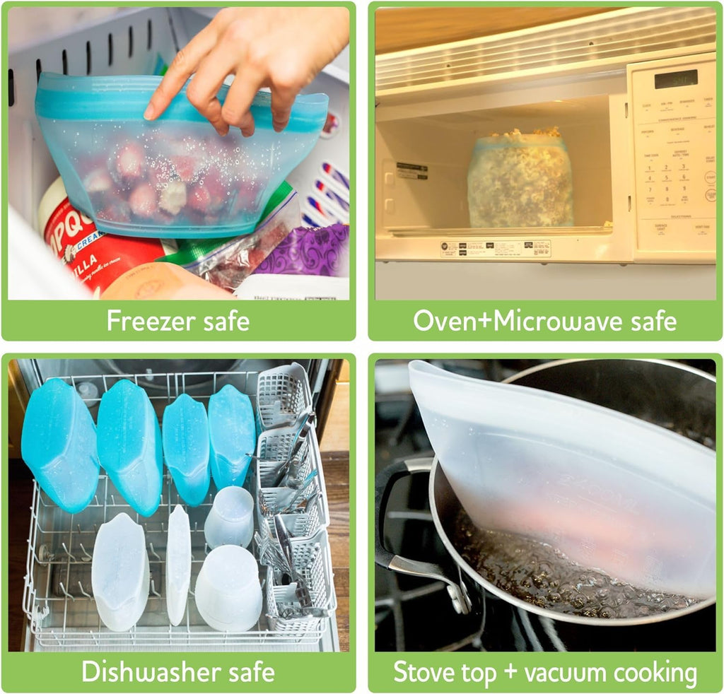 Zip Standing Reusable Silicone Food Storage Bag, Stand Up Food Storage Container, Reusable Zipper seal bag, no lid required, for Food Storage& Meal Prep, Freezer Oven Dishwasher - Safe, Set of 6 Bowls