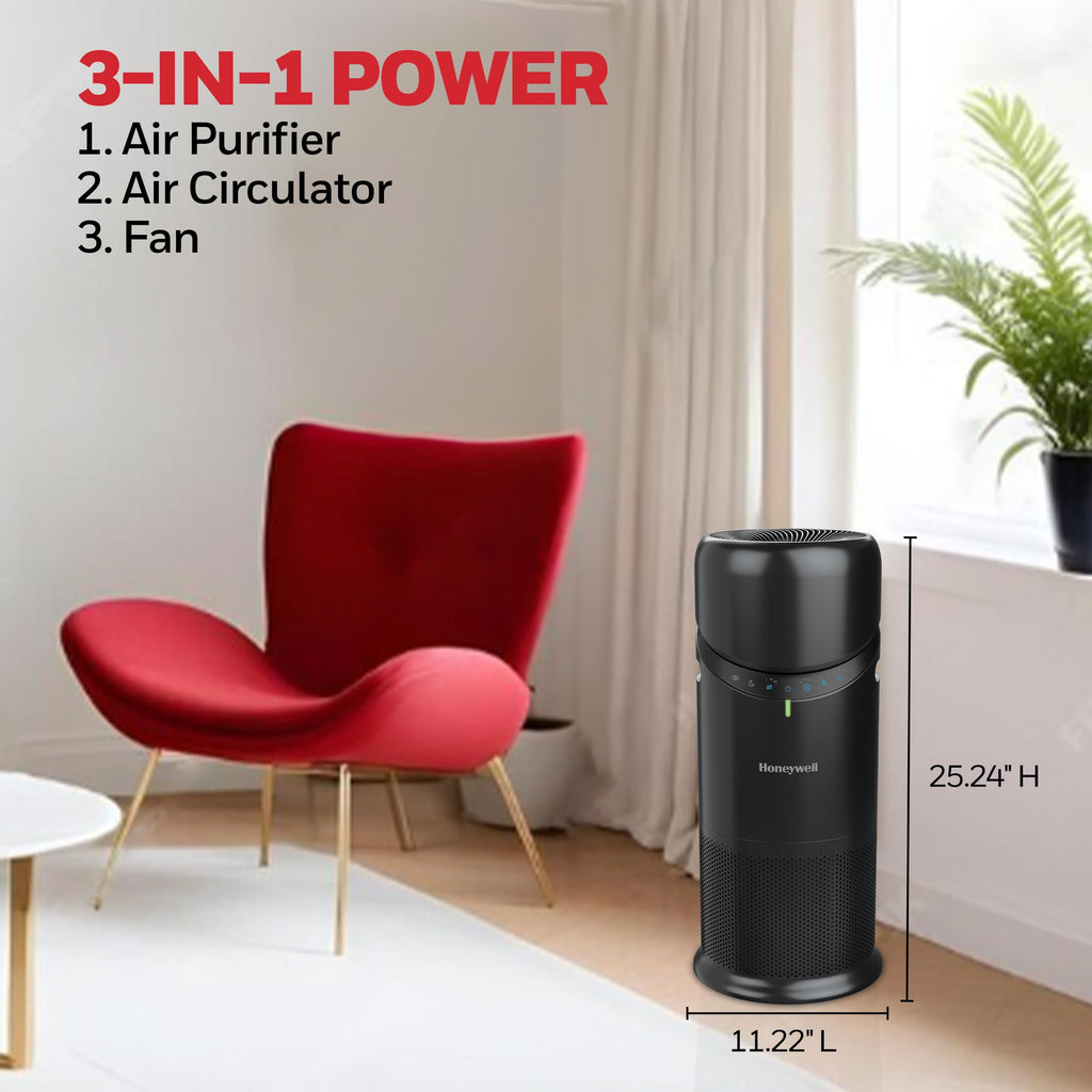 Honeywell Allergen Plus™ 3-in-1 HEPA Air Purifier Fan & Air Circulator, 1928 Ft² Rooms in 1 Hour, Air Quality Sensor, Sleep Mode, Reduces Allergens, Pet Dander, and Odors, White, HPA6000W