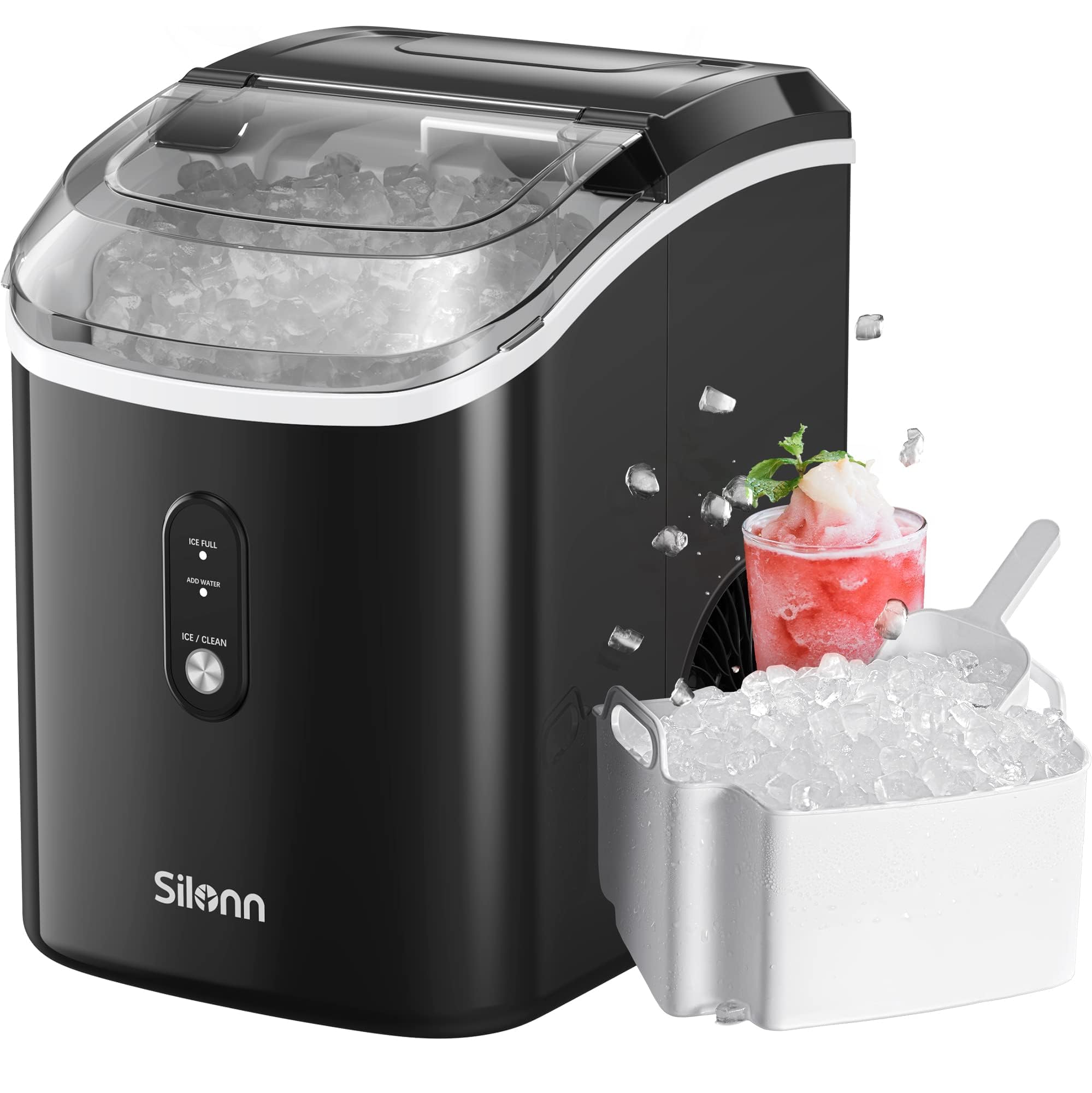 Silonn Nugget Ice Maker Countertop Pellet Machine with Self-Cleaning, Black | 36 lbs/24H, ice in 6 mins, soft chewable ice, removable cover, quiet operation, LED control panel, compact design