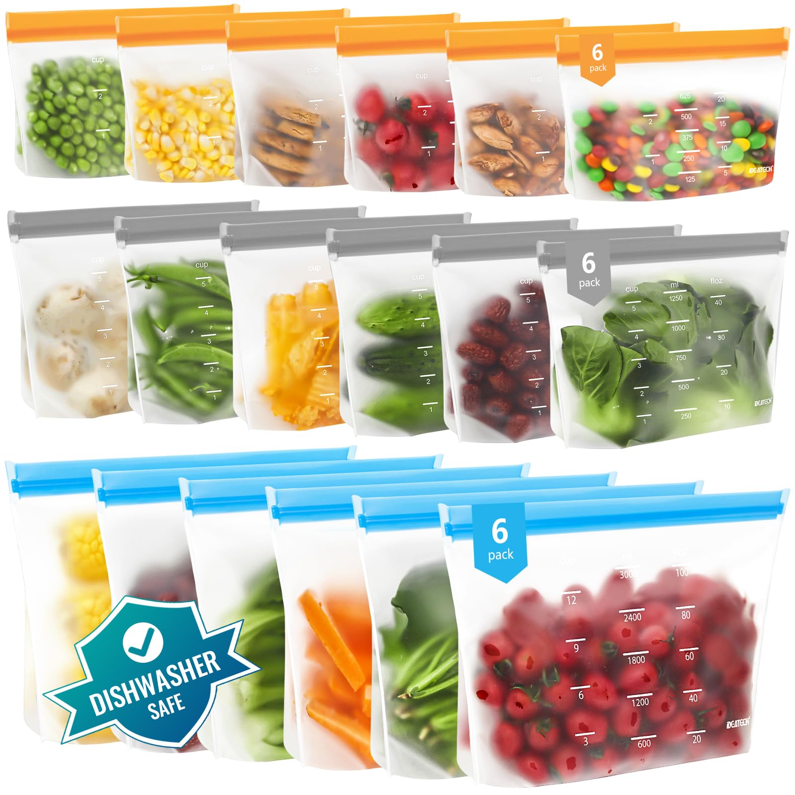 IDEATECH Reusable Bags Dishwasher Safe, BPA Free Reusable Gallon Freezer Bags, Stand Up Leakproof Food Storage Bags for Marinate Meats, Salad Fruit, Home Organization 6 Large+ 6 Sandwich+ 8 Snack Bags