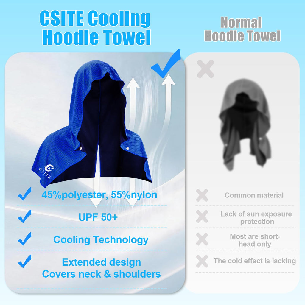 CSITE Cooling Hoodie Towels for Neck and Face, UPF 50 Sun Protection & Instant Cooling, Ice Towels for Hot Weather, Soft Breathable Towel for Sport, Work Out, Gym, Camping & More Activities（White）