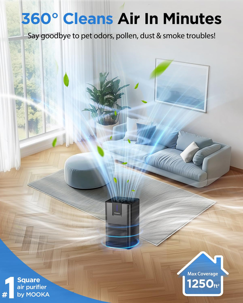 Air Purifiers for Home Large Room 1250 Ft²,MOOKA H13 HEPA Air Purifier for Pets Dust Odor Smoke,Aromatherapy Function,Air Cleaner with 15dB Quiet Sleep Mode for Bedroom Office Living Room,M05,White