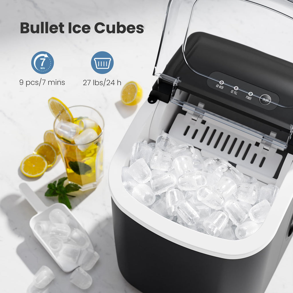 Countertop Portable Ice Maker Machine with Handle, 8 Bullet-Shaped Ice Cubes Ready in 6 Mins, 26Lbs/24H, Self-Cleaning Function with Ice Scoop and Basket for Home/Kitchen/Party (Black)