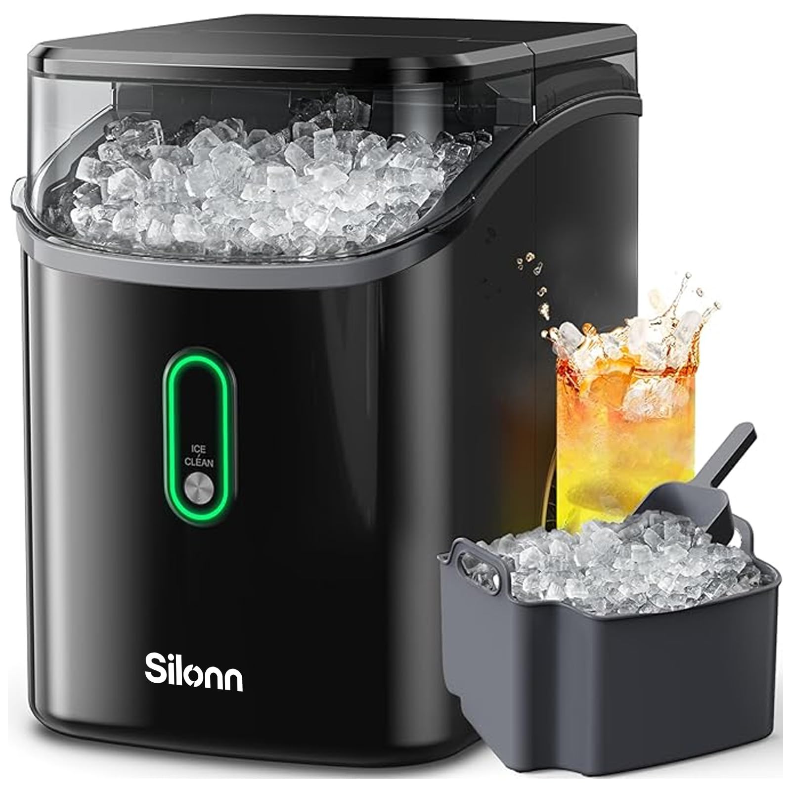 Silonn Nugget Ice Maker Countertop Pellet Machine with Self-Cleaning, Black | 36 lbs/24H, ice in 6 mins, soft chewable ice, removable cover, quiet operation, LED control panel, compact design