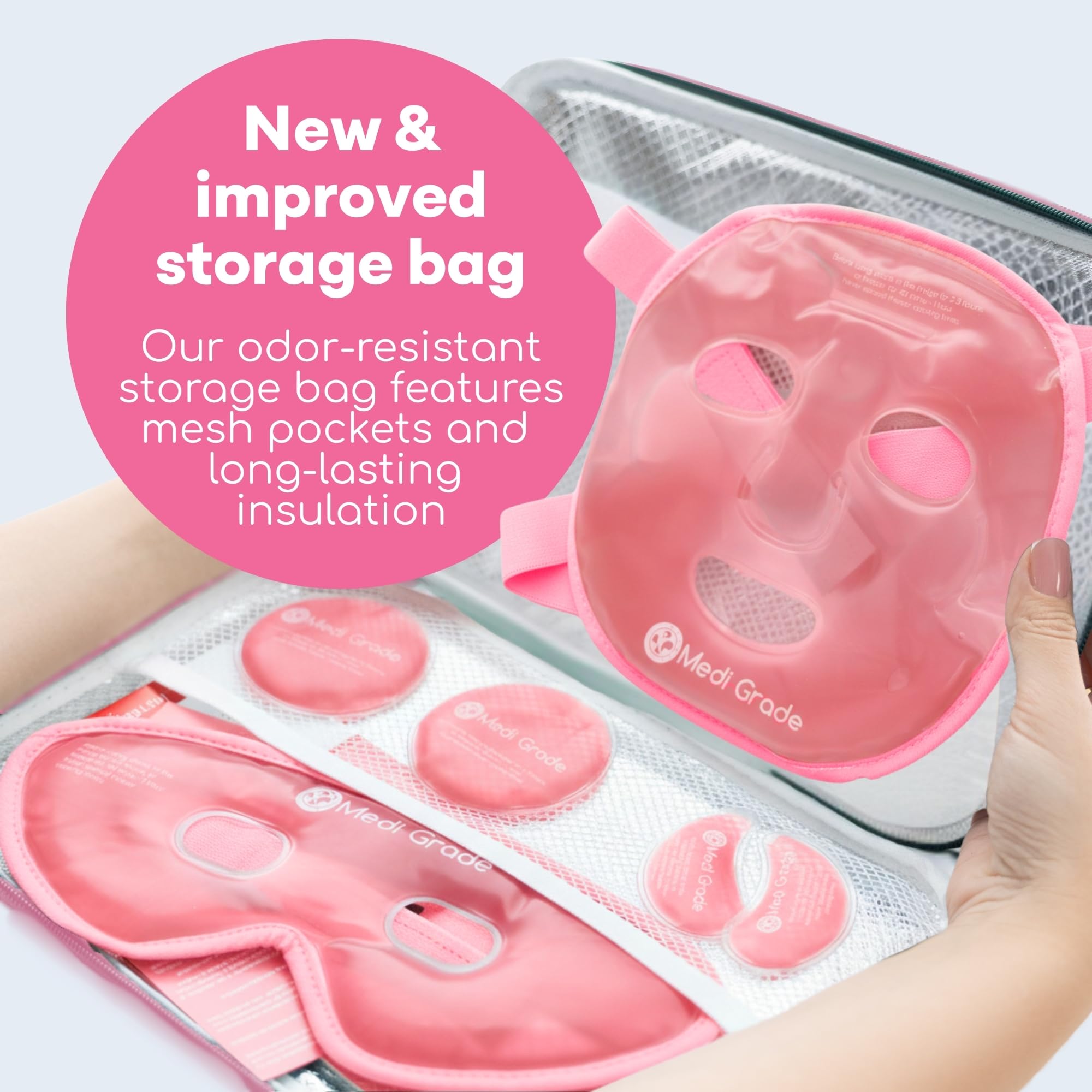 Medi Grade Cooling Ice Face Mask and Cooling Eye Mask for Puffy Eyes & Migraine Relief - Self Care Face Ice Pack with ChillGel Face Ice Mask Technology - Cooling Face Mask, Eye Pads and Bag