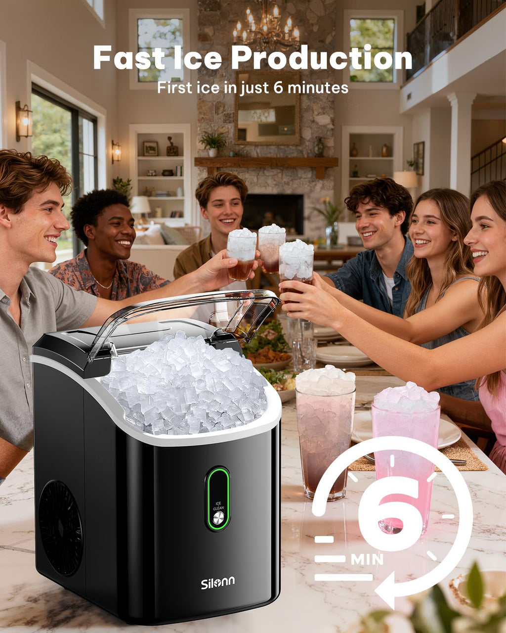 Silonn Nugget Ice Maker Countertop Pellet Machine with Self-Cleaning, Black | 36 lbs/24H, ice in 6 mins, soft chewable ice, removable cover, quiet operation, LED control panel, compact design