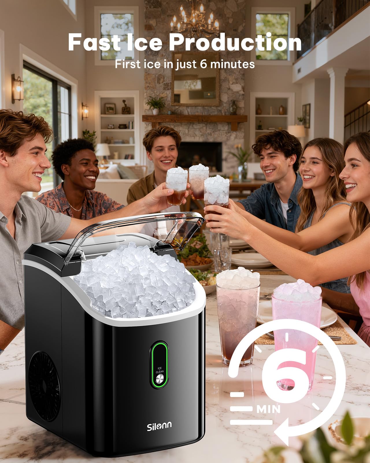 Silonn Nugget Ice Maker Countertop Pellet Machine with Self-Cleaning, Black | 36 lbs/24H, ice in 6 mins, soft chewable ice, removable cover, quiet operation, LED control panel, compact design