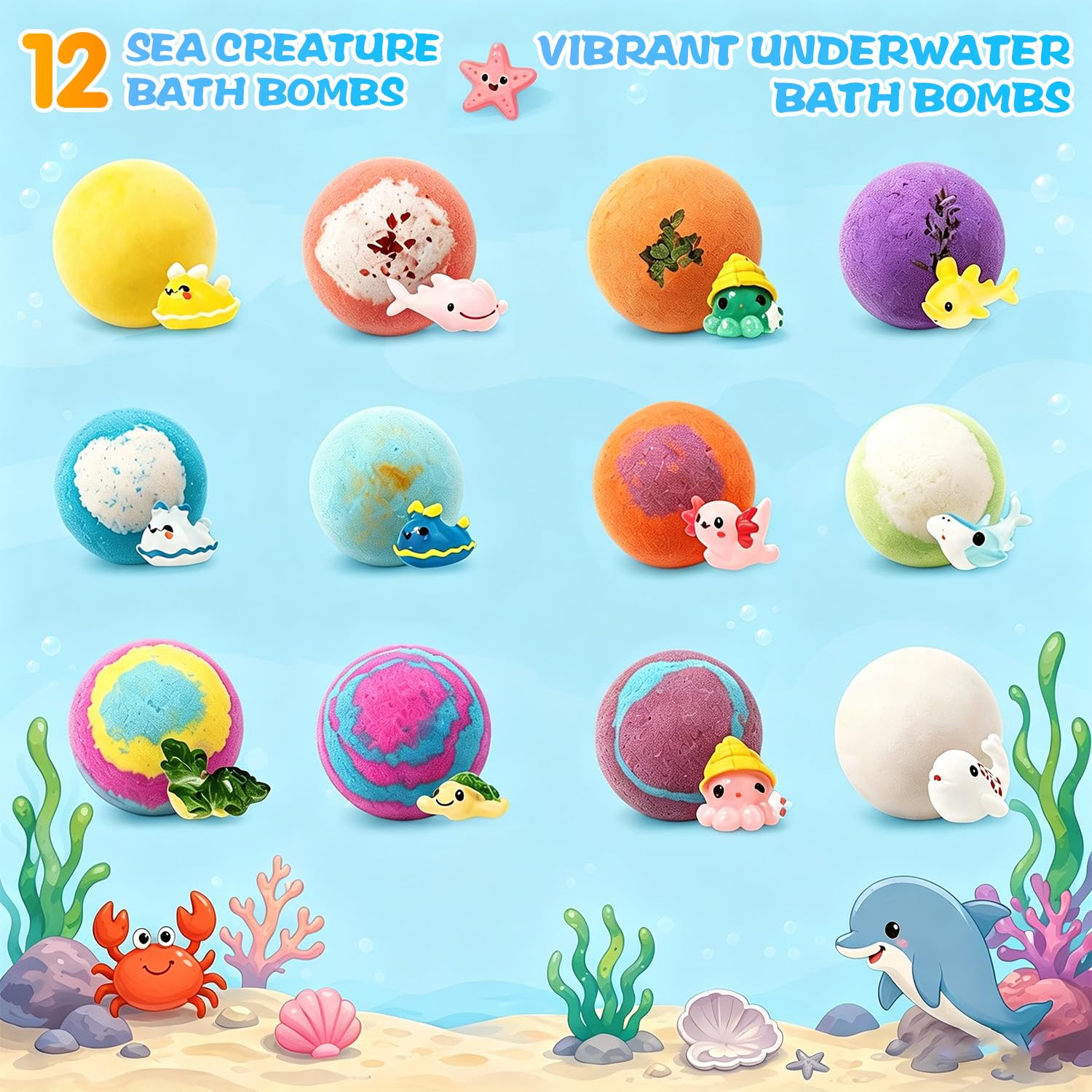 Bath Bombs with Toys Inside, Kids Bath Bombs with Surprise Inside, Play Fizz Bubble Bath Bomb for Boys Girls, Natural Organic Non Toxic Bath Ball Gift Set for Women Men (Sea Animal 12Pcs)