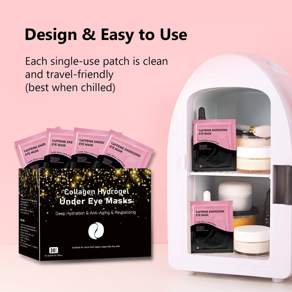 Adofect Hydrogel Caffeine Under Eye Masks, Collagen Eye Patches for Dark Circles Puffy Eyes Under Eye Bags, Deep Hydration Eye Gels for All Skin Types, Skin Care Gifts (Pink, 30 Pairs)
