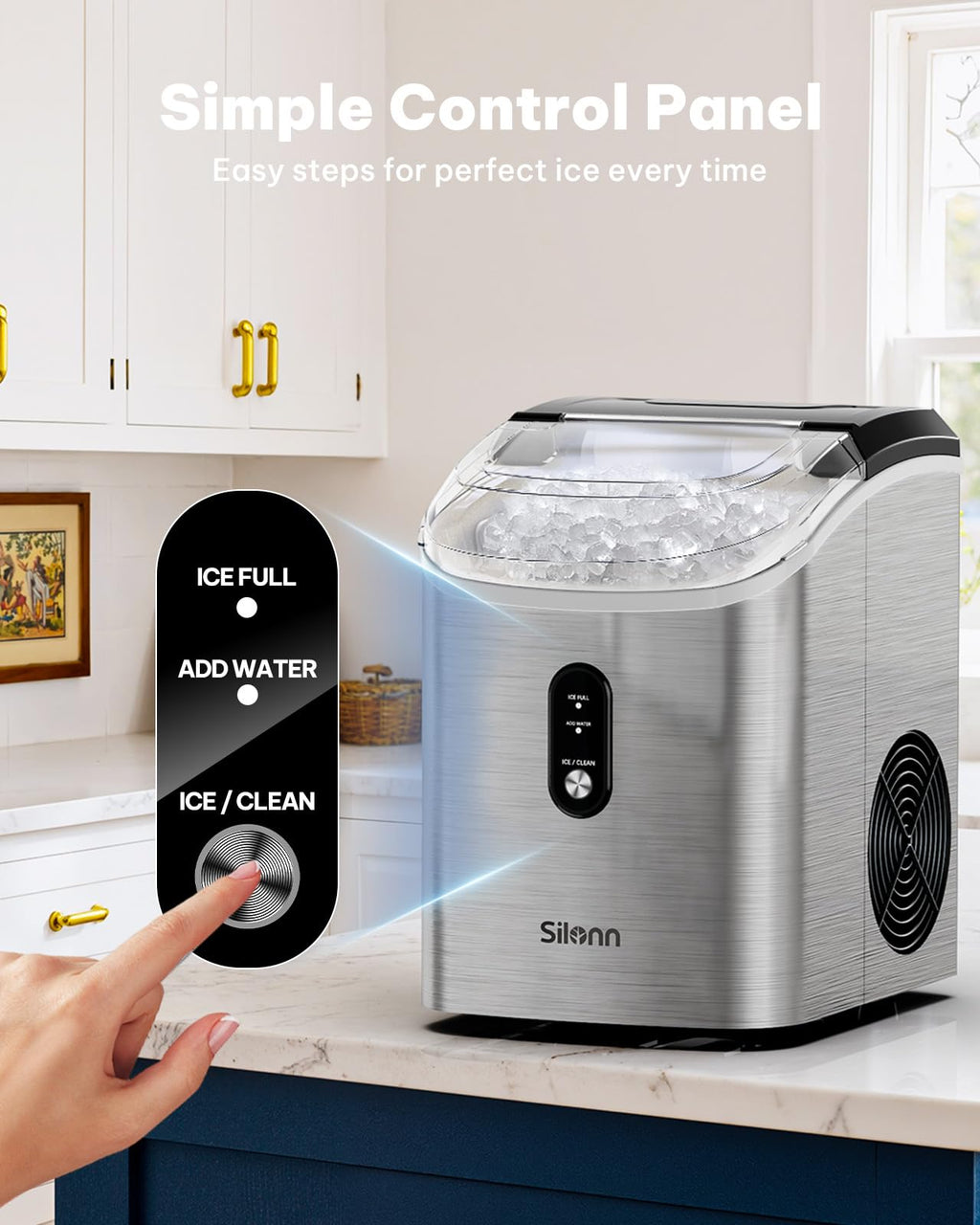 Silonn Nugget Ice Maker Countertop Pellet Machine with Self-Cleaning, Black | 36 lbs/24H, ice in 6 mins, soft chewable ice, removable cover, quiet operation, LED control panel, compact design