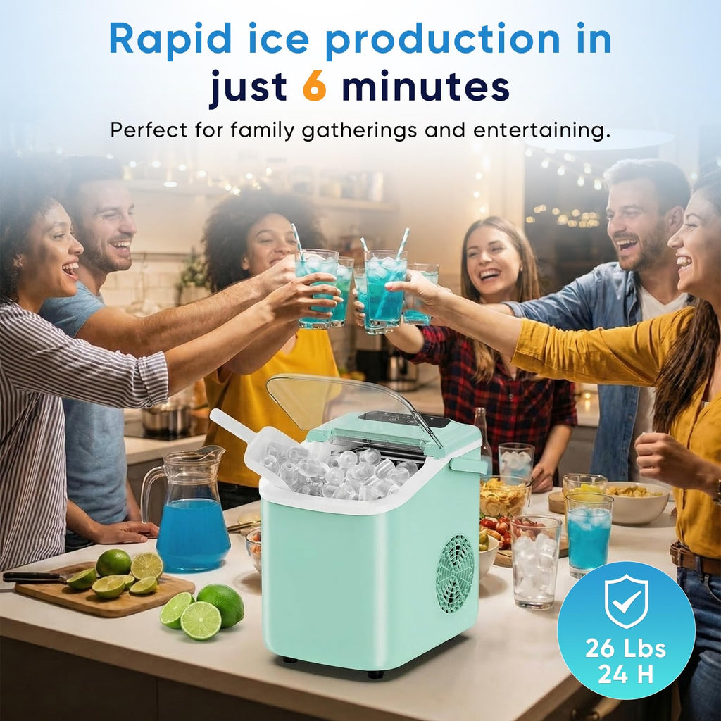 NEWBULIG Ice Maker, Countertop Ice Machine with Handle | 9 Bullet Cubes in 6-8 Mins, 26lbs Daily, Self-Cleaning with Basket and Scoop for Home/Kitchen/Camping/RV