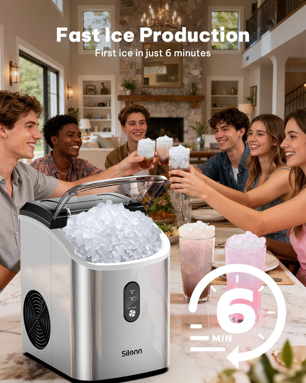 Silonn Nugget Ice Maker Countertop Pellet Machine with Self-Cleaning, Black | 36 lbs/24H, ice in 6 mins, soft chewable ice, removable cover, quiet operation, LED control panel, compact design