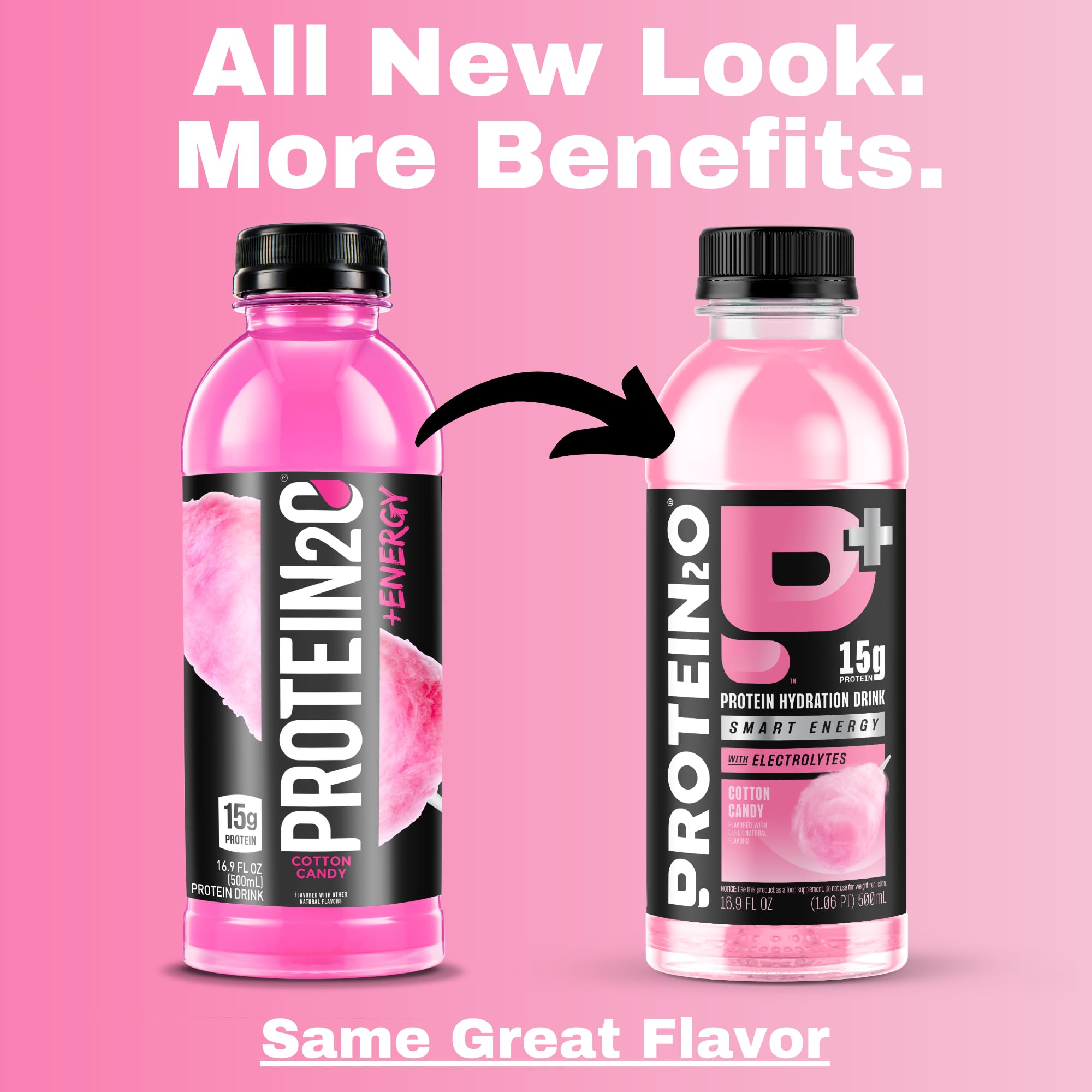Protein2o 15g Whey Protein Isolate Hydration Drink Plus Energy & Focus, 350mg of Electrolytes, Vitamins B5 & B6, Sugar Free, Cotton Candy, 16.9 oz Bottle (Pack of 12)