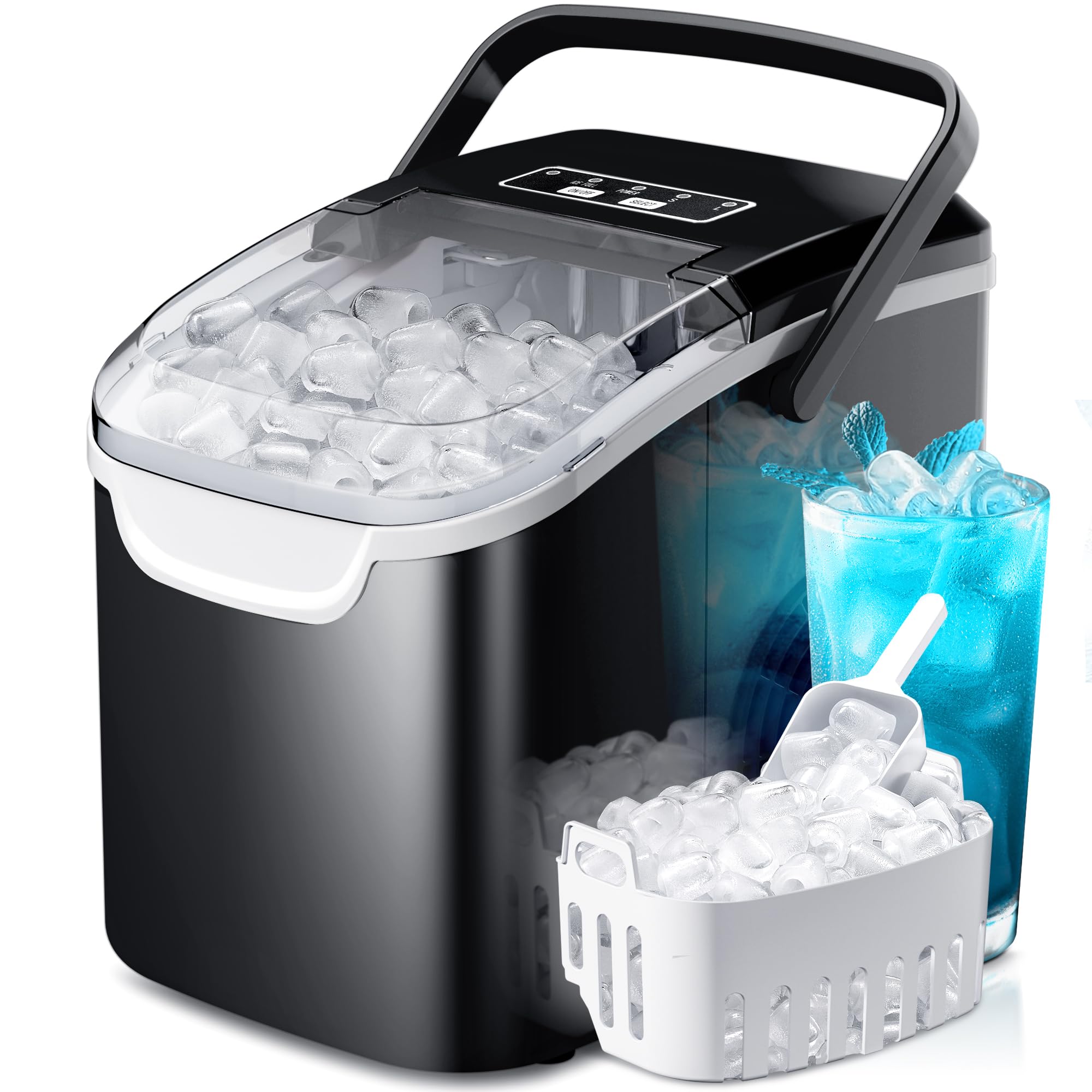 Countertop Portable Ice Maker Machine with Handle, 8 Bullet-Shaped Ice Cubes Ready in 6 Mins, 26Lbs/24H, Self-Cleaning Function with Ice Scoop and Basket for Home/Kitchen/Party (Black)