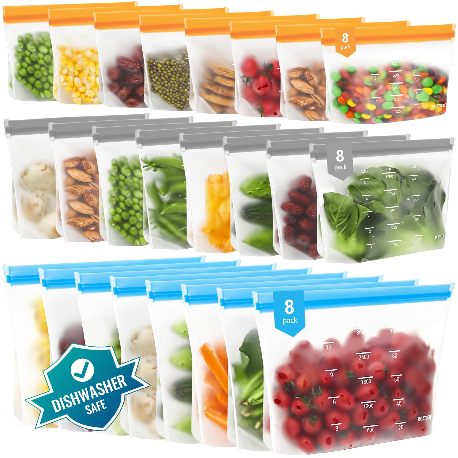 IDEATECH Reusable Bags Dishwasher Safe, BPA Free Reusable Gallon Freezer Bags, Stand Up Leakproof Food Storage Bags for Marinate Meats, Salad Fruit, Home Organization 6 Large+ 6 Sandwich+ 8 Snack Bags