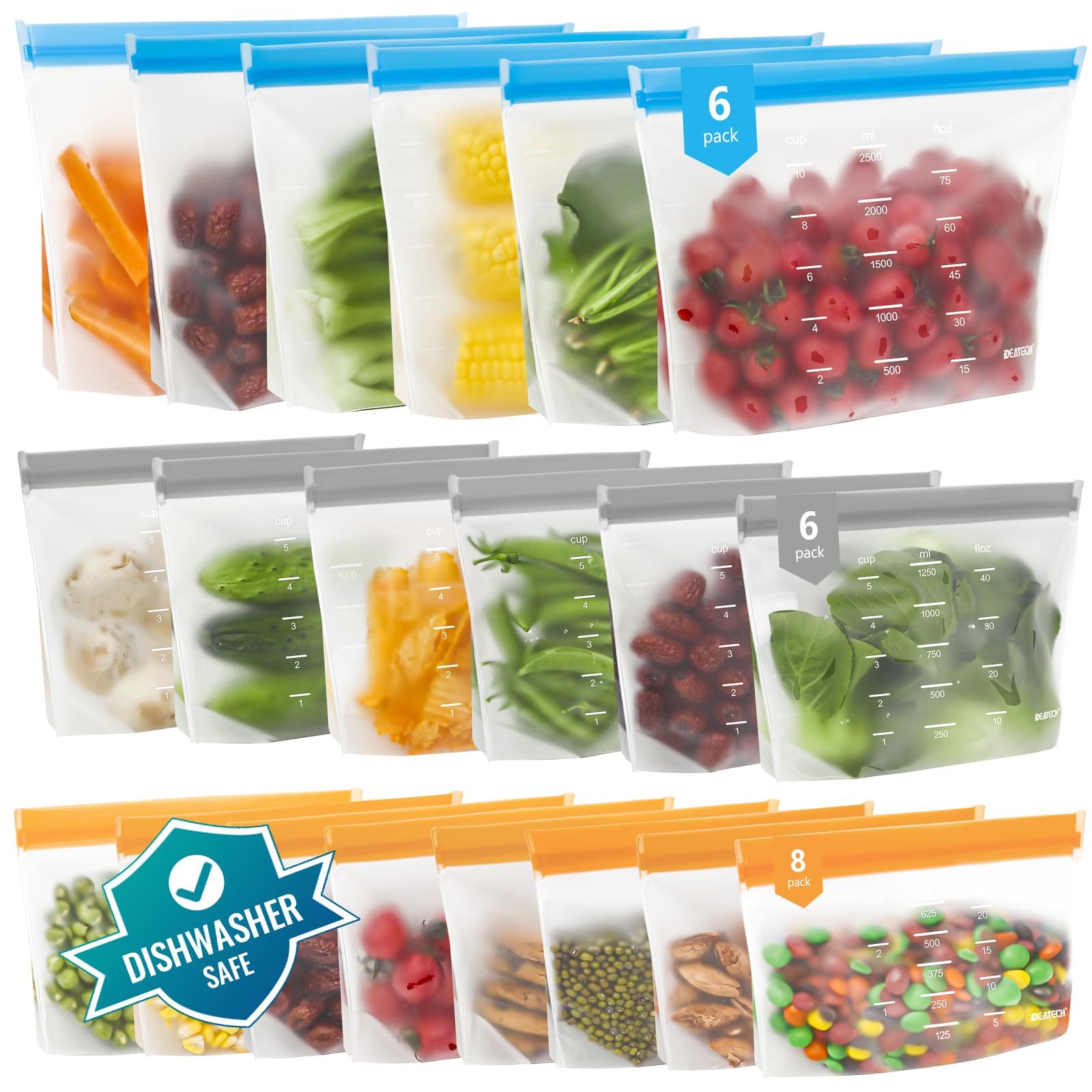 IDEATECH Reusable Bags Dishwasher Safe, BPA Free Reusable Gallon Freezer Bags, Stand Up Leakproof Food Storage Bags for Marinate Meats, Salad Fruit, Home Organization 6 Large+ 6 Sandwich+ 8 Snack Bags