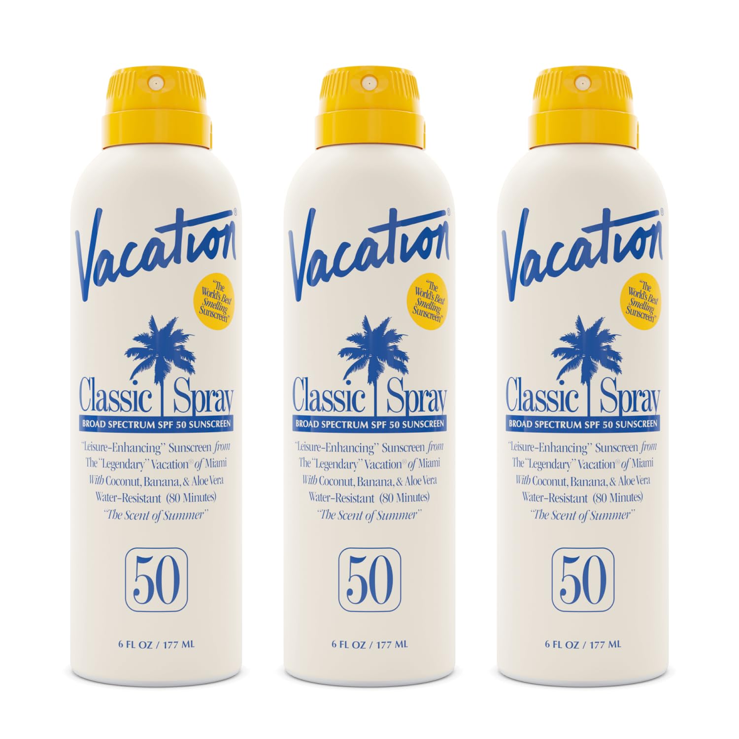 Vacation Classic SPF 50 Sunscreen Spray, 6 Fluid Ounces, Pack of 3 - Broad Spectrum, Lightweight, Transparent on All Skin Tones, Water-Resistant, Vegan, Dermatologist-Tested