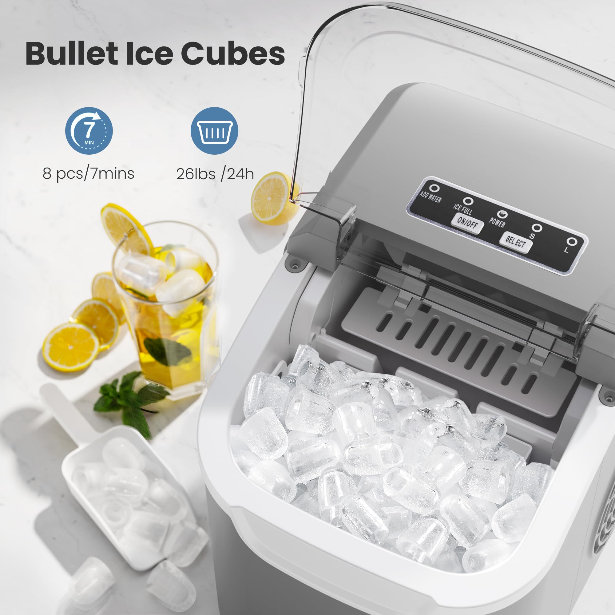 Countertop Portable Ice Maker Machine with Handle, 8 Bullet-Shaped Ice Cubes Ready in 6 Mins, 26Lbs/24H, Self-Cleaning Function with Ice Scoop and Basket for Home/Kitchen/Party (Black)