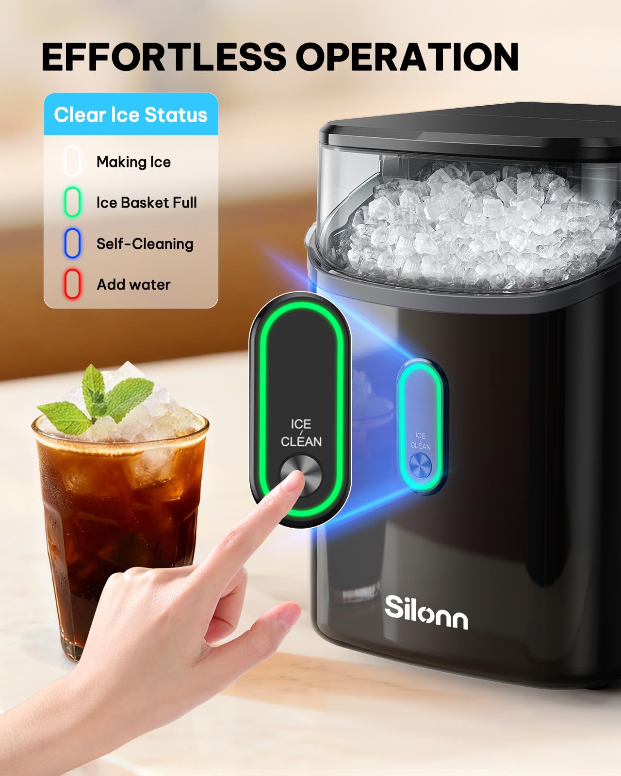 Silonn Nugget Ice Maker Countertop Pellet Machine with Self-Cleaning, Black | 36 lbs/24H, ice in 6 mins, soft chewable ice, removable cover, quiet operation, LED control panel, compact design
