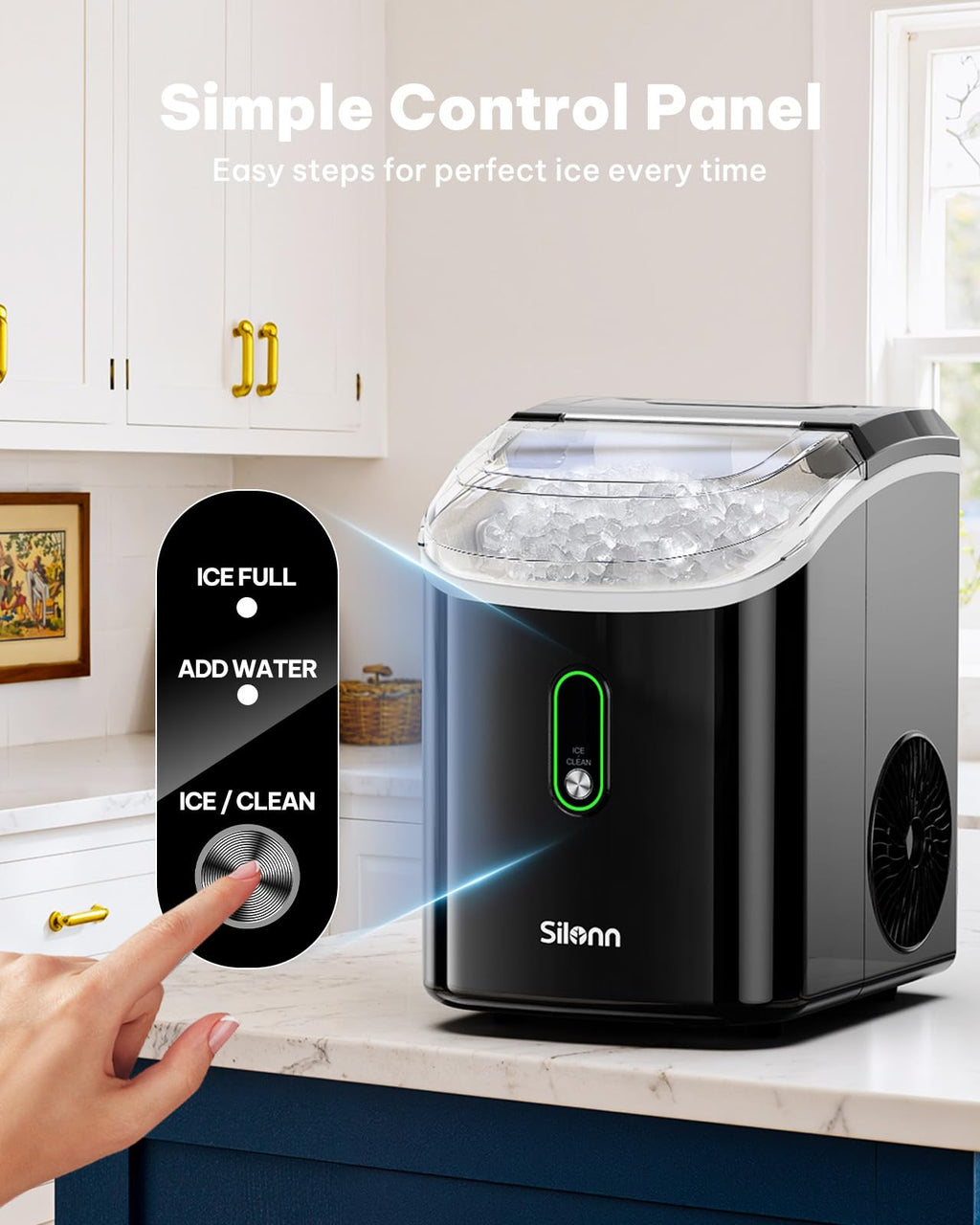 Silonn Nugget Ice Maker Countertop Pellet Machine with Self-Cleaning, Black | 36 lbs/24H, ice in 6 mins, soft chewable ice, removable cover, quiet operation, LED control panel, compact design