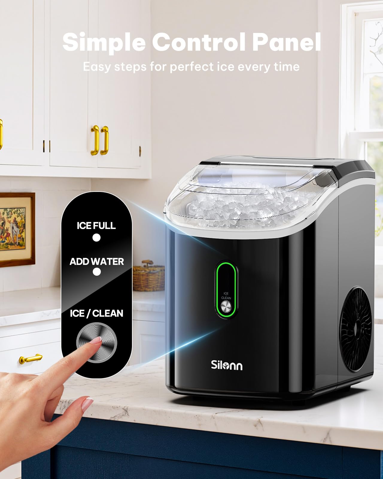 Silonn Nugget Ice Maker Countertop Pellet Machine with Self-Cleaning, Black | 36 lbs/24H, ice in 6 mins, soft chewable ice, removable cover, quiet operation, LED control panel, compact design