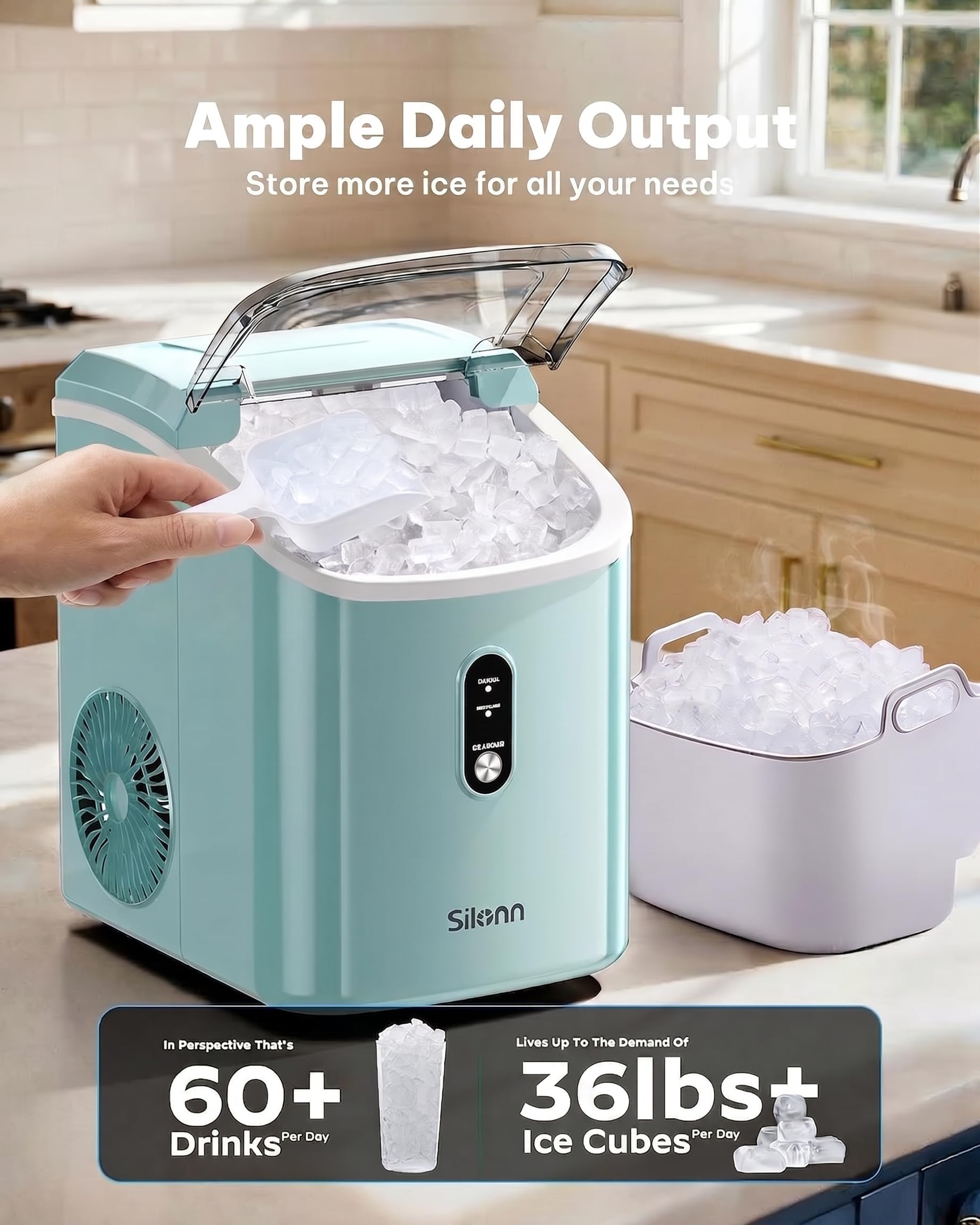Silonn Nugget Ice Maker Countertop Pellet Machine with Self-Cleaning, Black | 36 lbs/24H, ice in 6 mins, soft chewable ice, removable cover, quiet operation, LED control panel, compact design