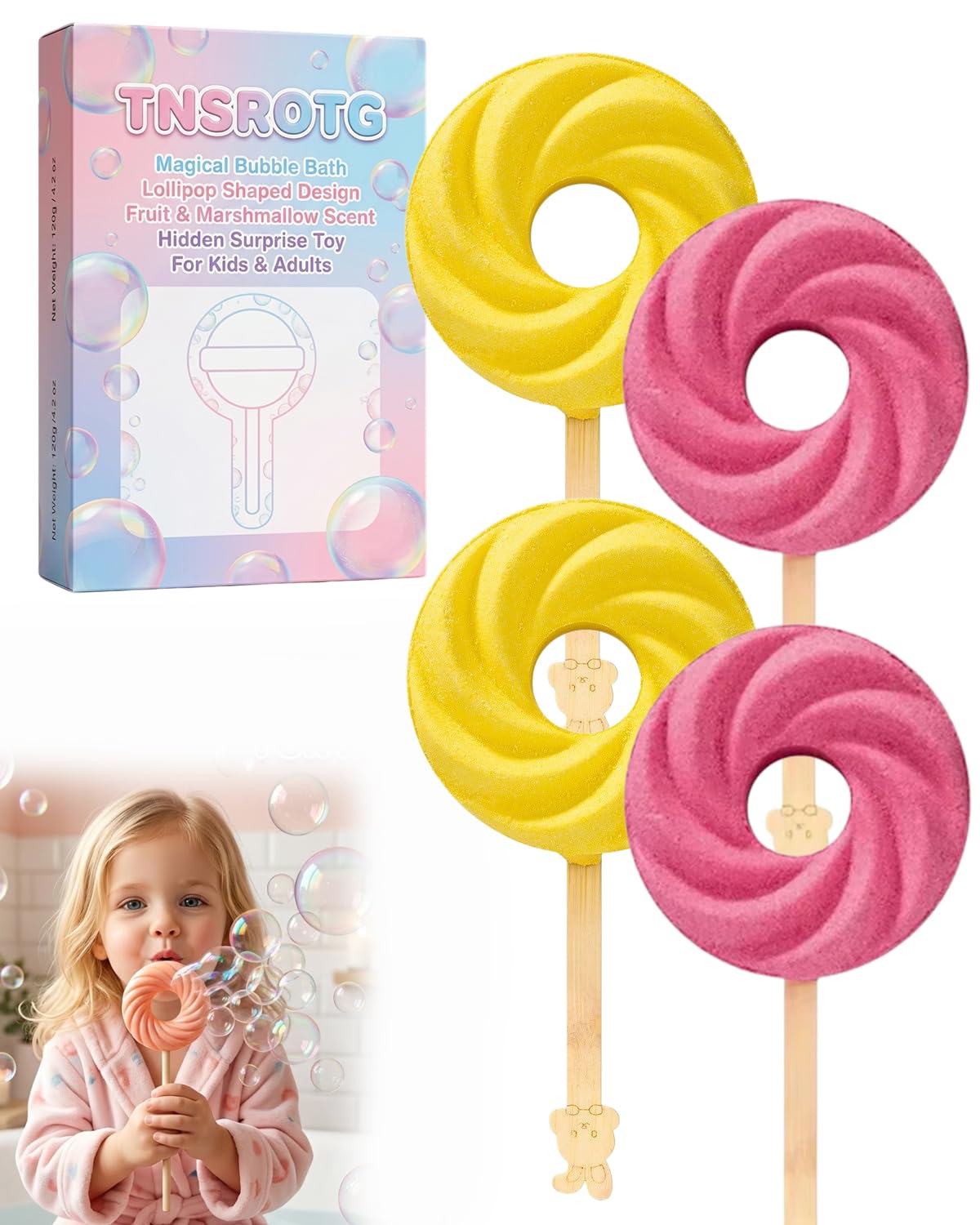 Cute Lollipop Bath Bomb – Colorful Bubble Bath Ball for Fun Baths Time Bubbly Splash Surprise Buddies Foaming Magic Baths Bombs Lollipop Toys Balls Surprise Foam Blow Bubbles Gift Bathroom (2pcs)