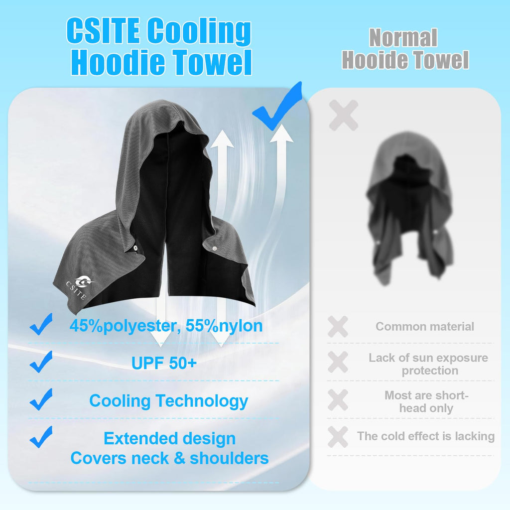 CSITE Cooling Hoodie Towels for Neck and Face, UPF 50 Sun Protection & Instant Cooling, Ice Towels for Hot Weather, Soft Breathable Towel for Sport, Work Out, Gym, Camping & More Activities（White）