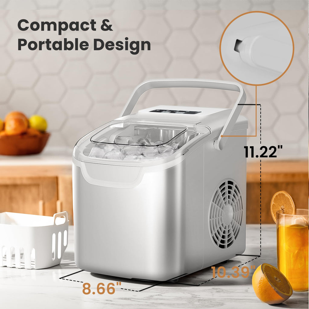 Countertop Portable Ice Maker Machine with Handle, 8 Bullet-Shaped Ice Cubes Ready in 6 Mins, 26Lbs/24H, Self-Cleaning Function with Ice Scoop and Basket for Home/Kitchen/Party (Black)