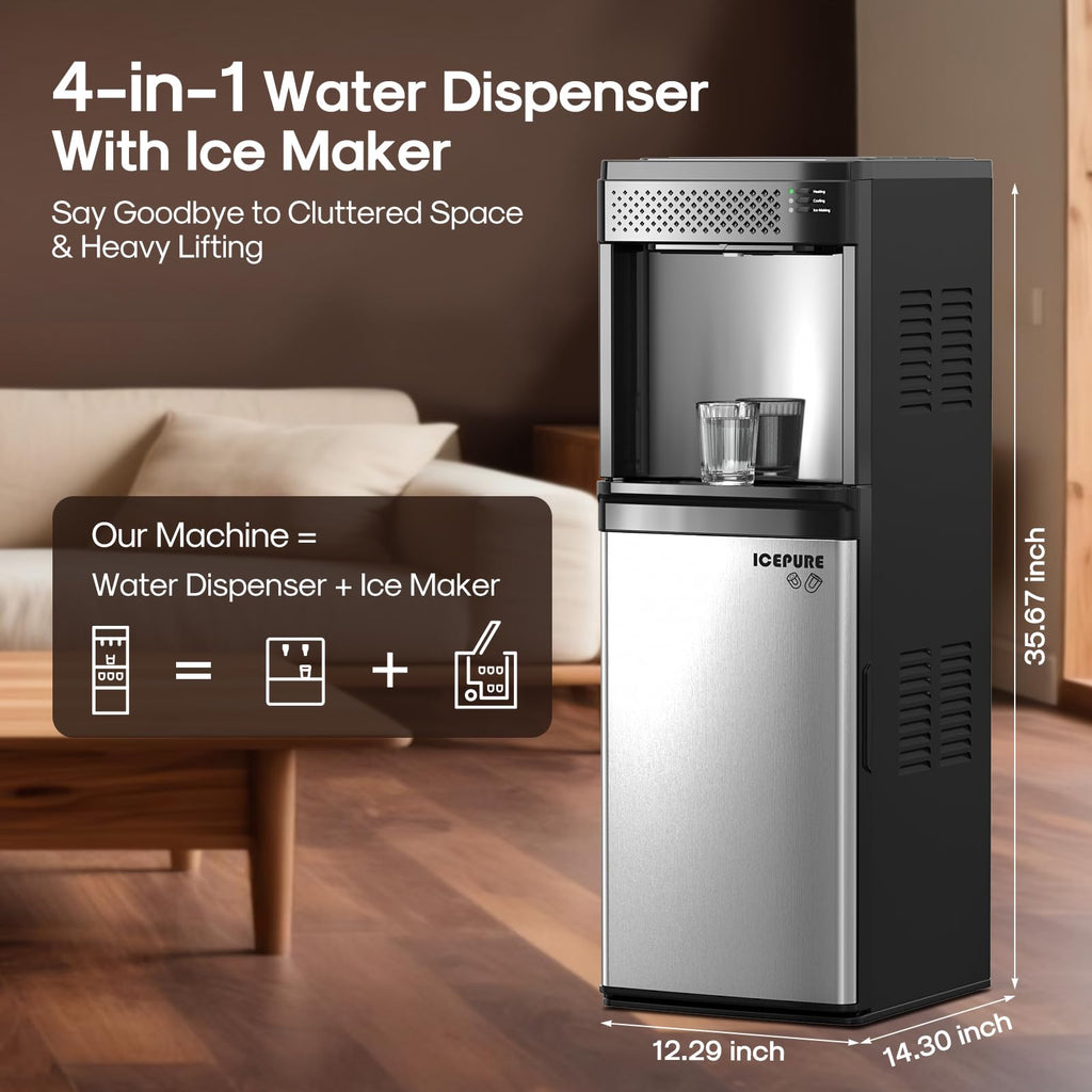 ICEPURE 3-in-1 Water Dispenser with Built-in Ice Maker, Water Cooler Dispenser for 5 Gallon Bottle Top Loading, Hot and Cold Water Dispenser with Child Lock for Home and Office, 33lbs/24H