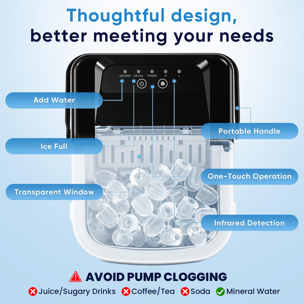 NEWBULIG Ice Maker, Countertop Ice Machine with Handle | 9 Bullet Cubes in 6-8 Mins, 26lbs Daily, Self-Cleaning with Basket and Scoop for Home/Kitchen/Camping/RV
