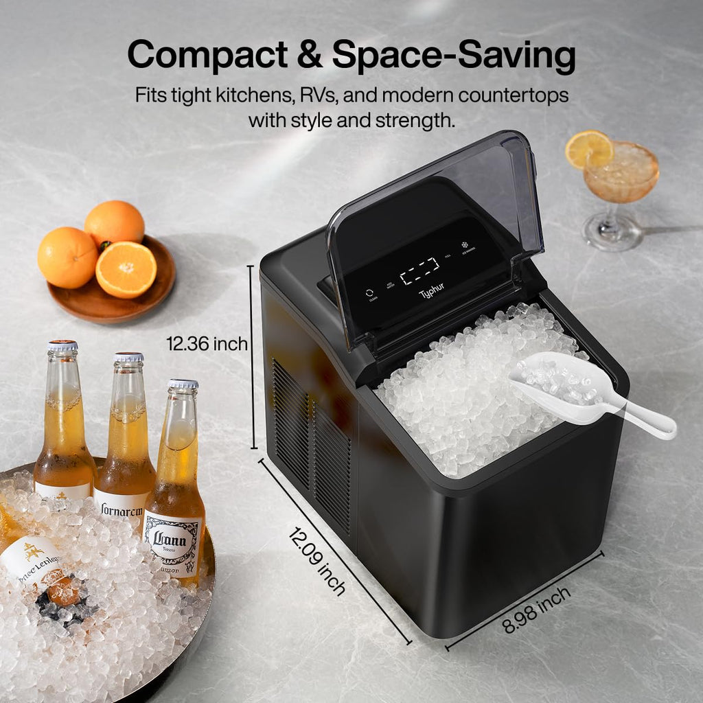 Typhur Fast Nugget Ice Maker Countertop with Self-Cleaning Pump, 35lbs/24H Crushed Pebble Ice Machine with Pellet Ice, 8 Packs Cleaner, Dual Ice Scoops for Home, Kitchen, Party, RV, Stainless Steel