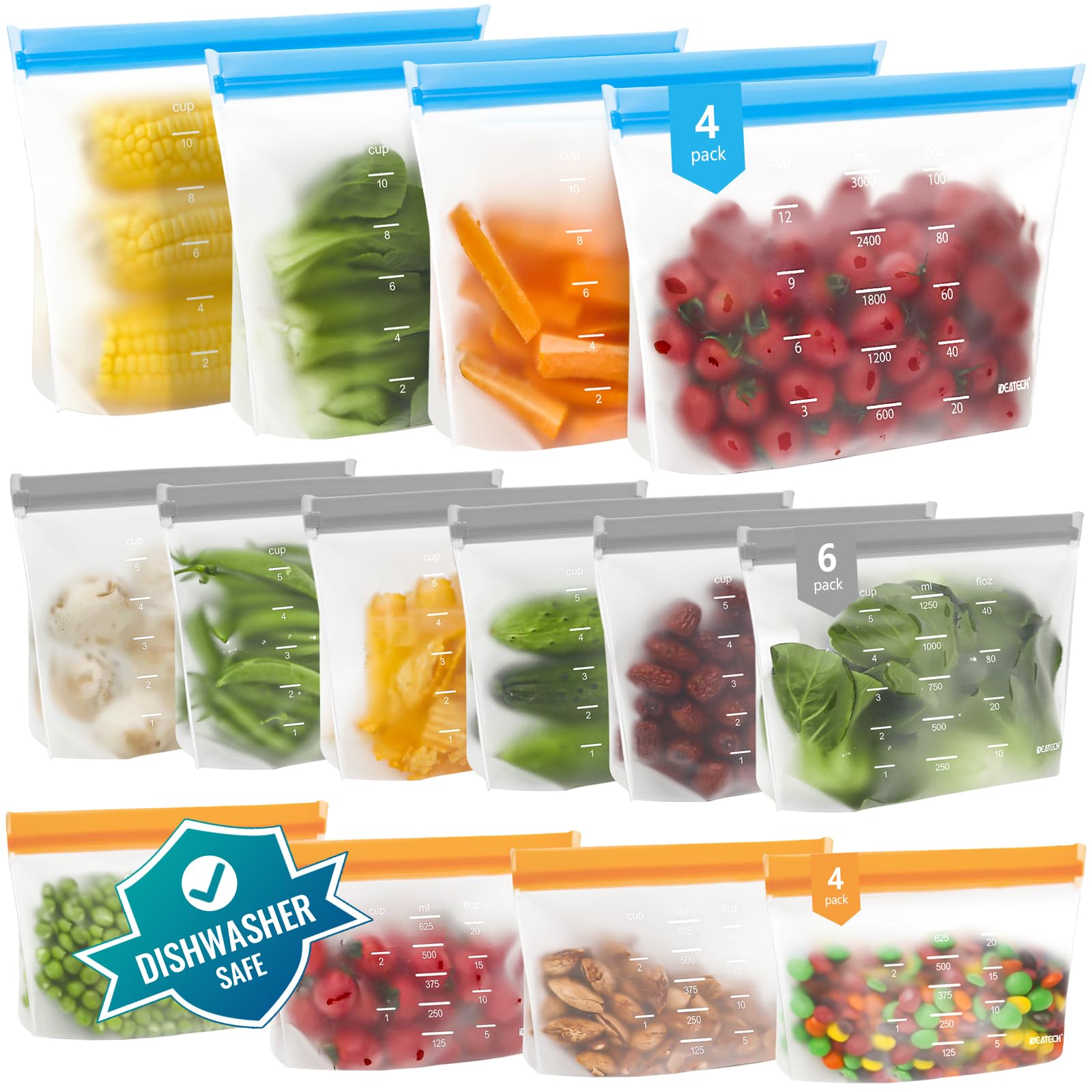 IDEATECH Reusable Bags Dishwasher Safe, BPA Free Reusable Gallon Freezer Bags, Stand Up Leakproof Food Storage Bags for Marinate Meats, Salad Fruit, Home Organization 6 Large+ 6 Sandwich+ 8 Snack Bags
