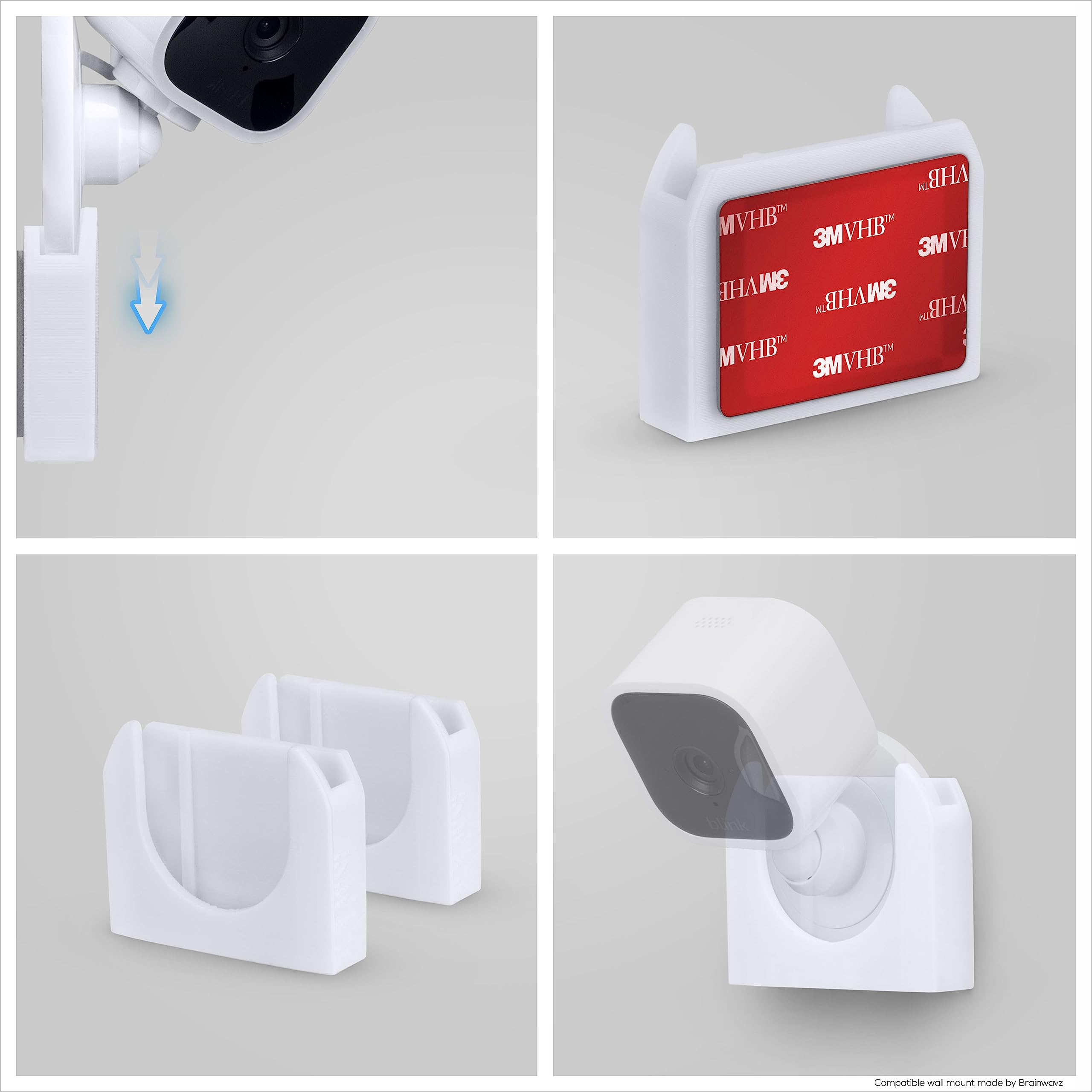 BRAINWAVZ Adhesive Wall Mount for Blink Mini Camera, 2 Pack, No Hassle Holder, Strong 3M VHB Tape, No Screws, No Mess Install, Bracket Stand (White)