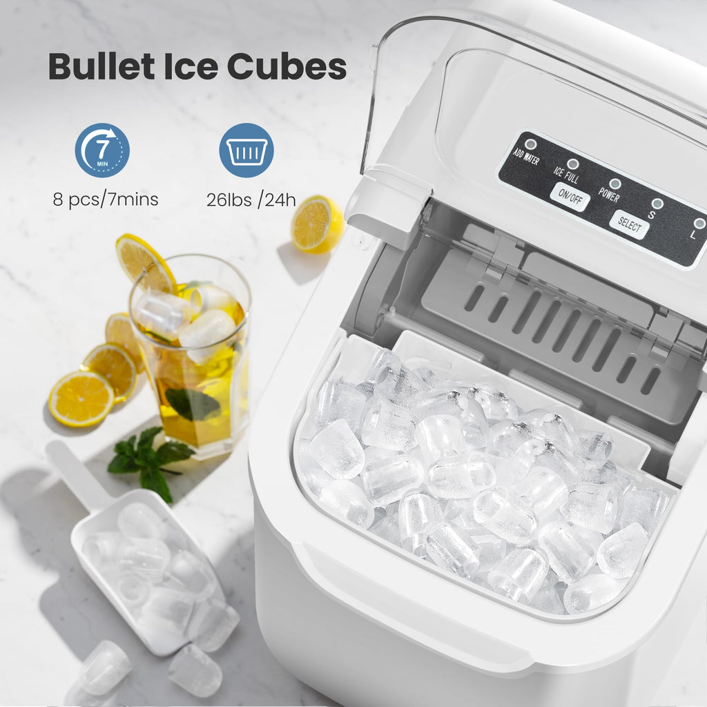Countertop Portable Ice Maker Machine with Handle, 8 Bullet-Shaped Ice Cubes Ready in 6 Mins, 26Lbs/24H, Self-Cleaning Function with Ice Scoop and Basket for Home/Kitchen/Party (Black)