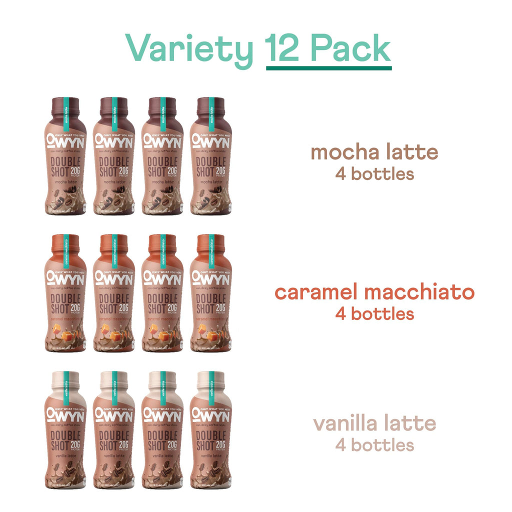 OWYN Only What You Need Double Shot Caramel Macchiato Flavored Protein Shake, 20g Protein, 0g Sugar, 3g Fiber, 180mg Caffeine, Dairy Free, Plant Based Protein Drink, 12 Count
