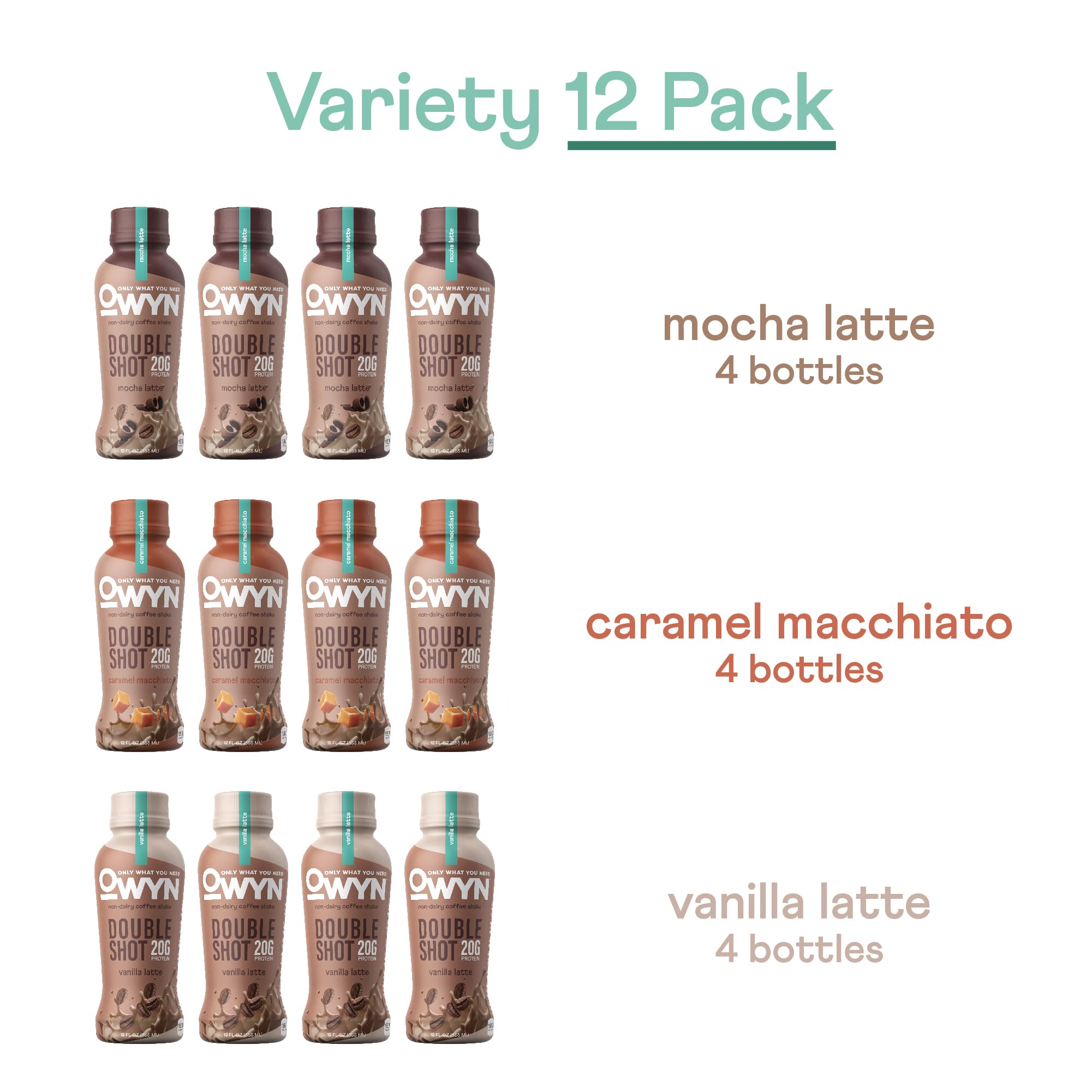 OWYN Only What You Need Double Shot Caramel Macchiato Flavored Protein Shake, 20g Protein, 0g Sugar, 3g Fiber, 180mg Caffeine, Dairy Free, Plant Based Protein Drink, 12 Count